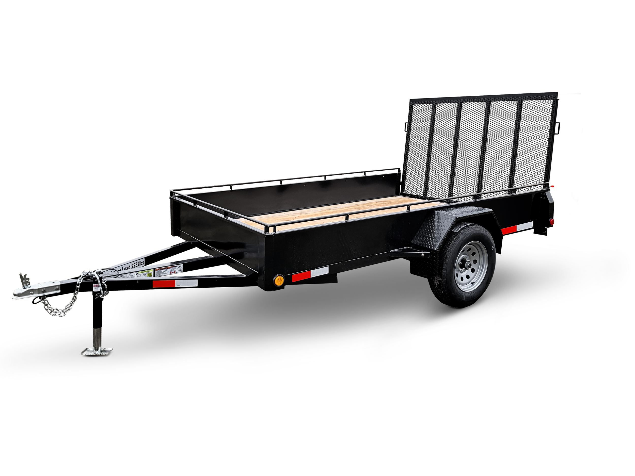 A black utility trailer with a metal frame, single axle, and wood flooring. It has a fold-up metal gate at the back and a chain hitch at the front.
