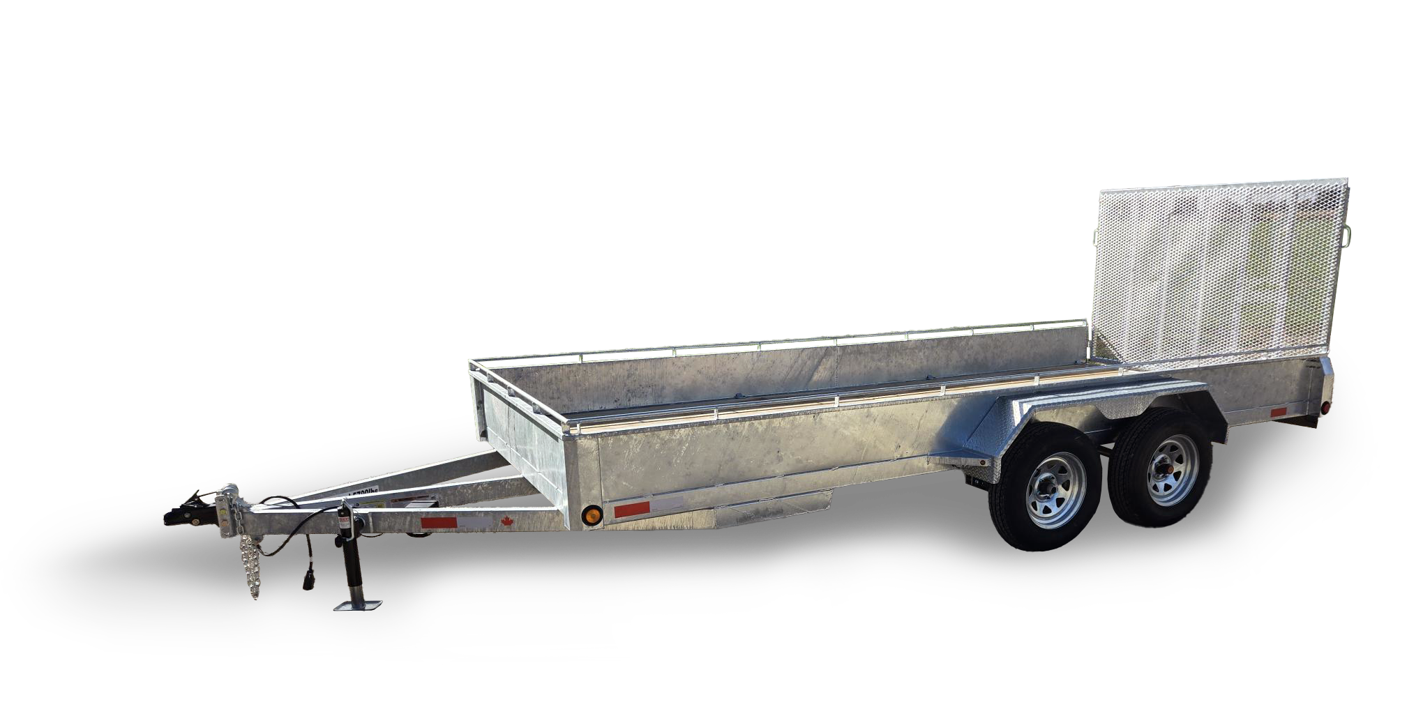A flatbed utility trailer with dual axles and a metal mesh ramp at the rear.
