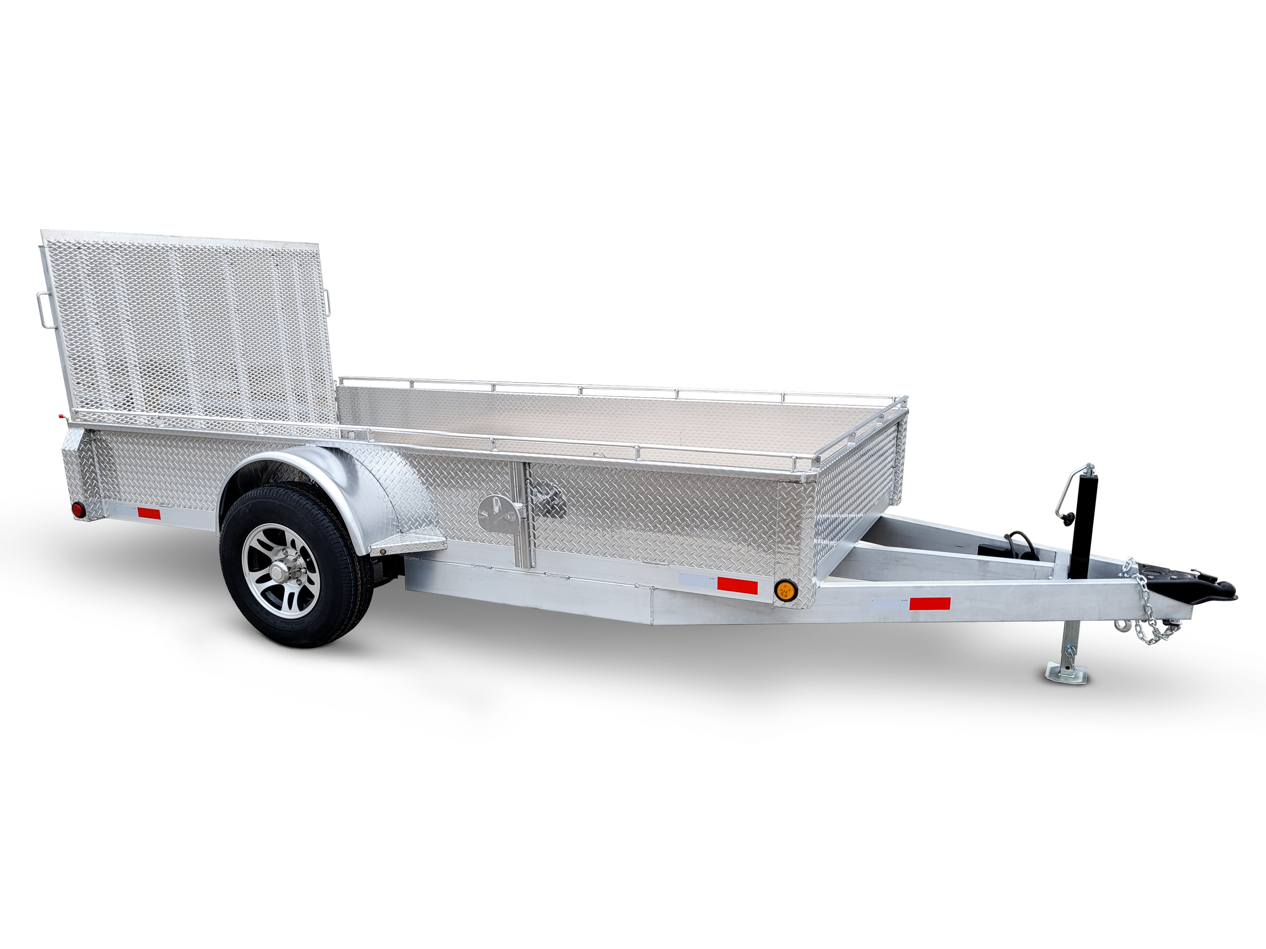 Silver utility trailer with a mesh side gate, single wheel, and a hitch for towing