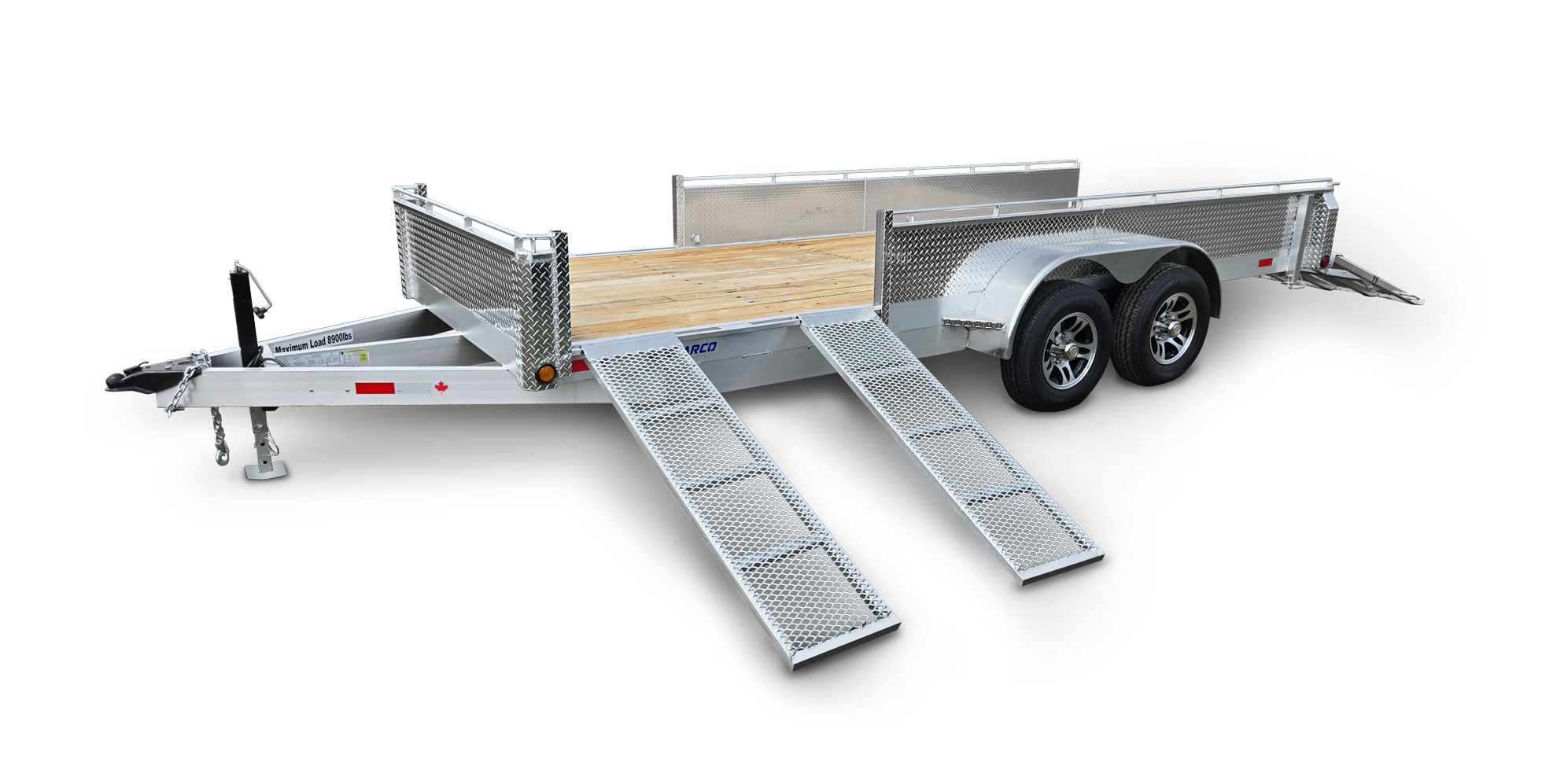 Metal utility trailer with two ramps, wooden flooring, and side rails, set against a black background.