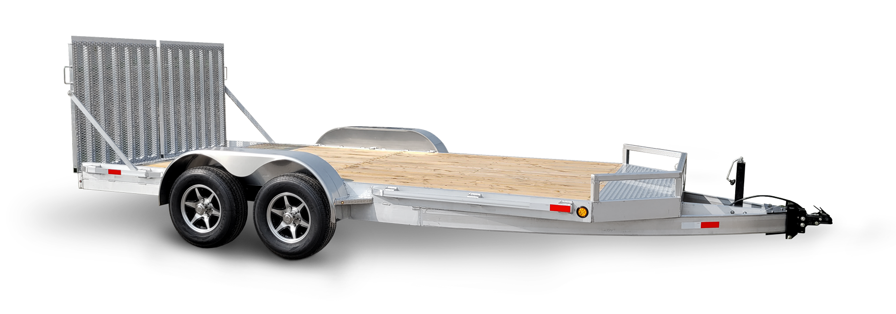 Aluminum flatbed trailer with wooden deck, dual axles, and a rear ramp.