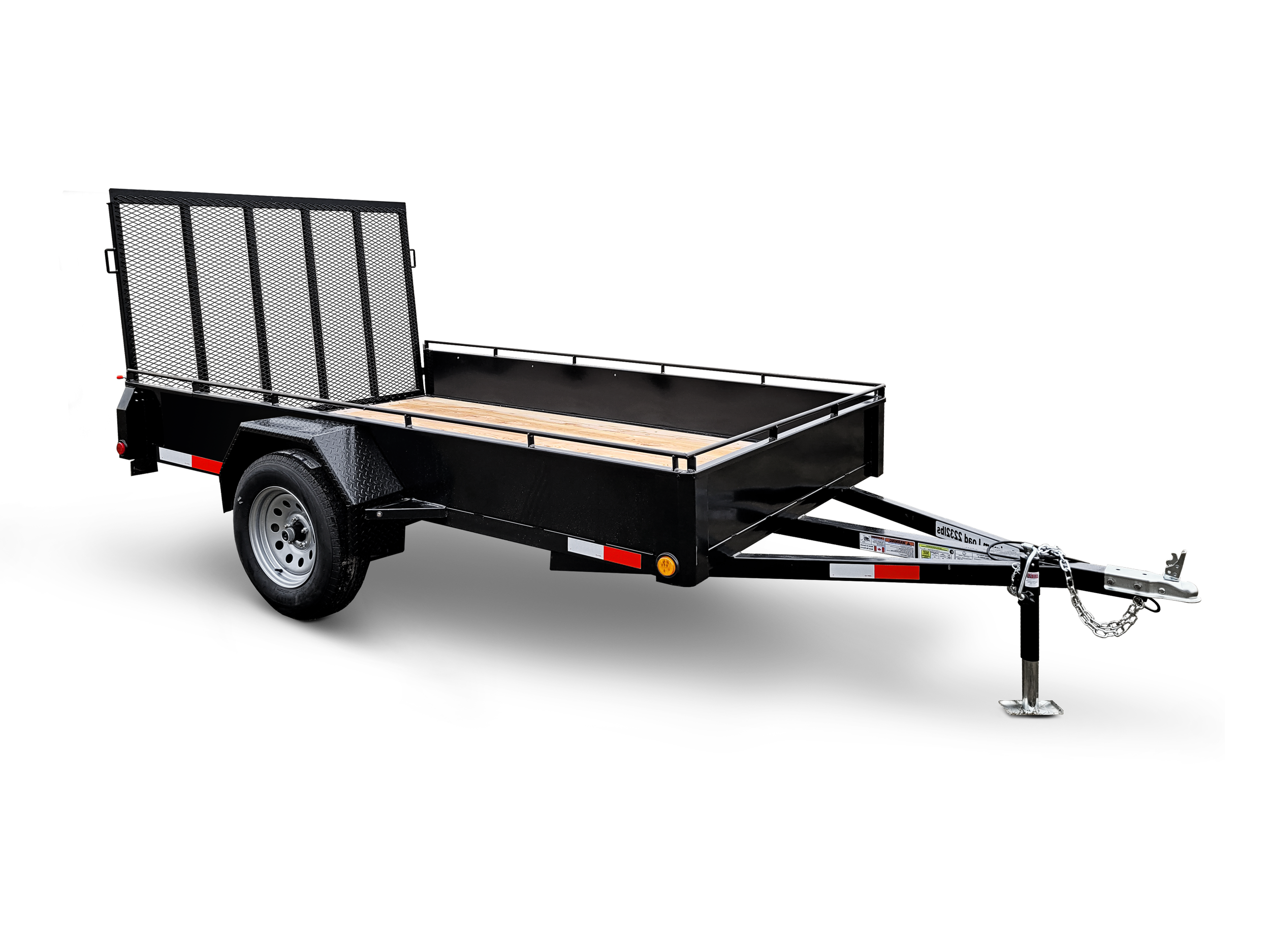 Black utility trailer with an open flatbed and a protective rear gate, featuring a hitch and safety chains for towing.