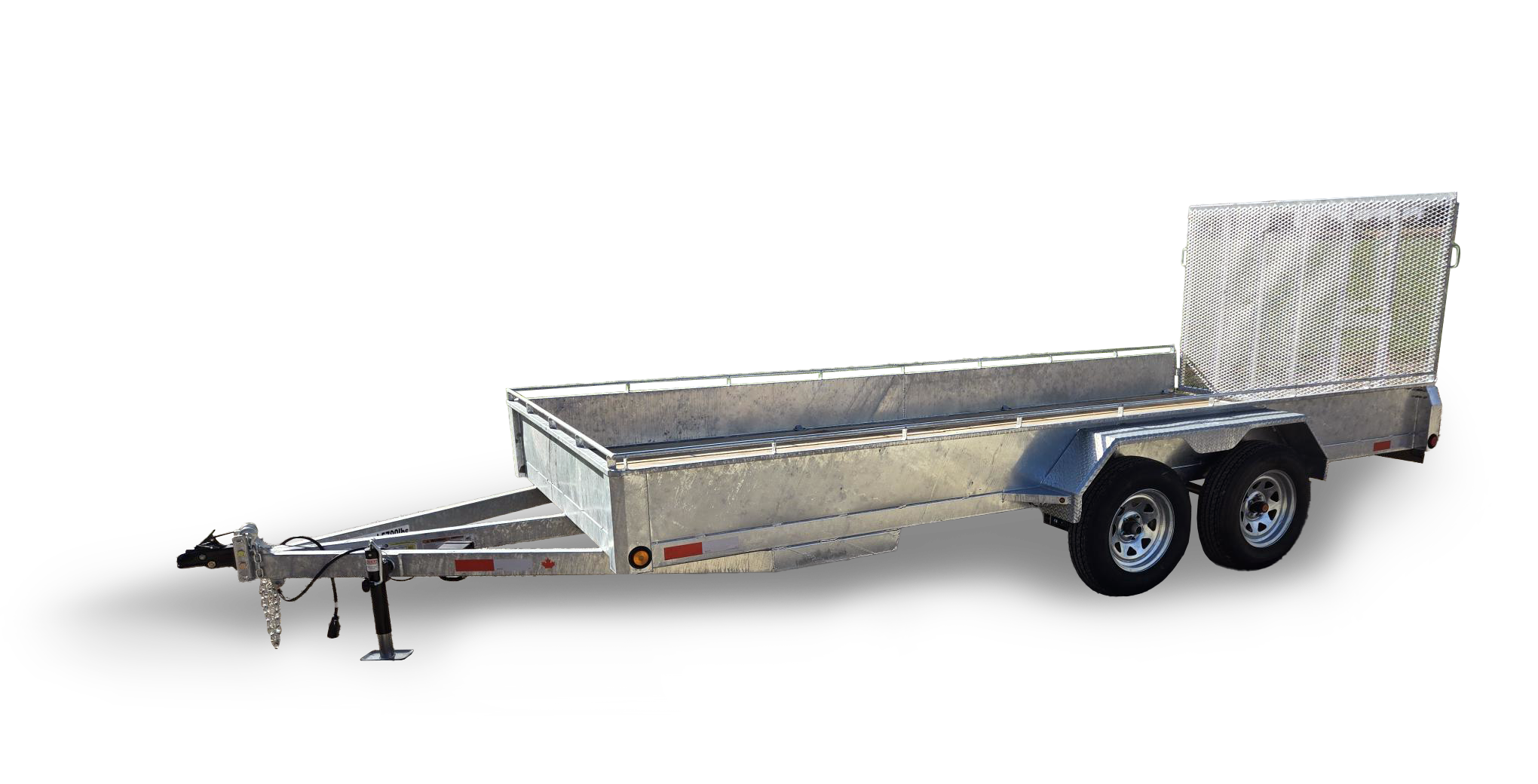 A metal utility trailer with dual axles and a mesh ramp at the rear, set against a black background.