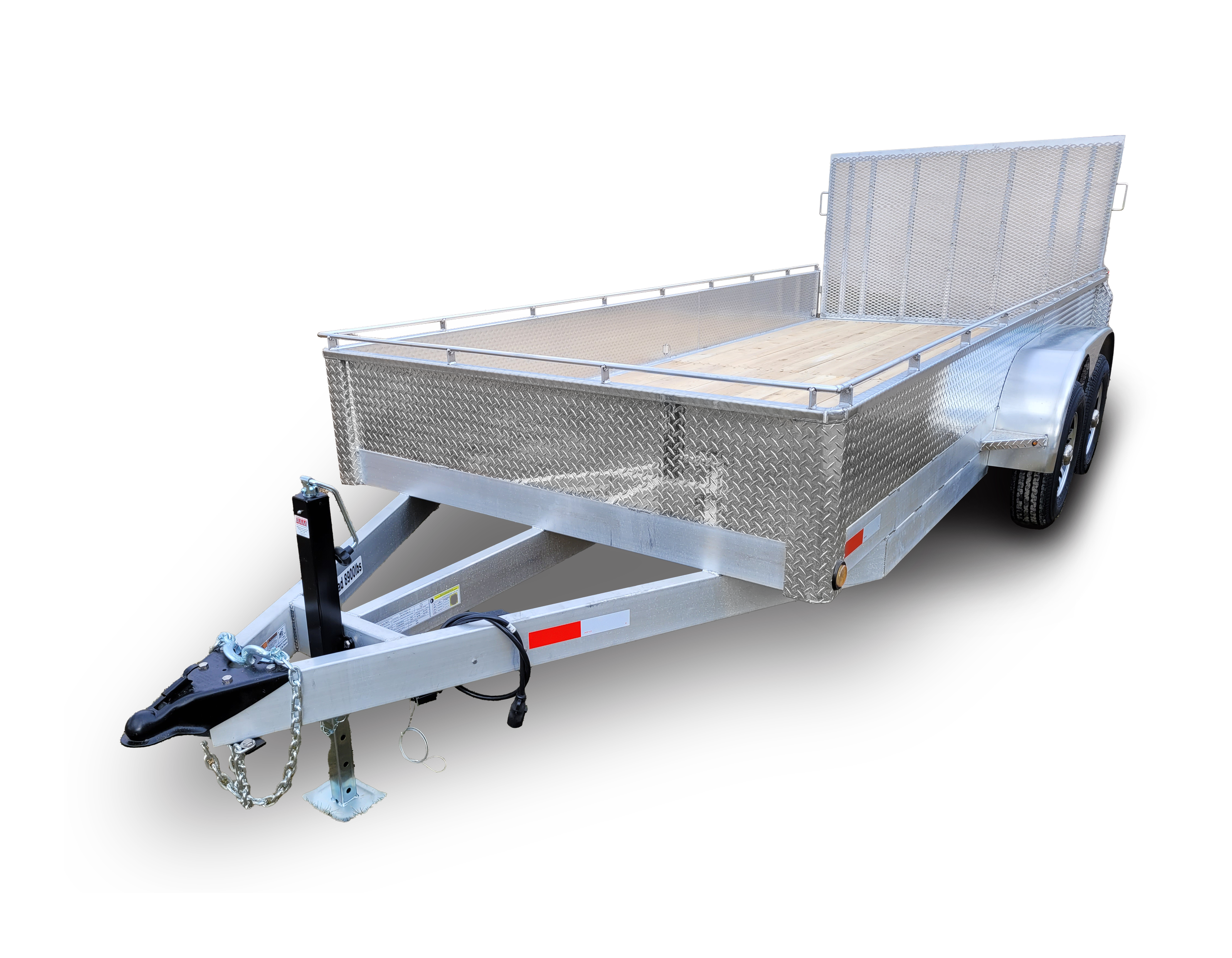 Silver utility trailer with diamond plate sides, wooden floor, and a fold-up ramp, isolated on a black background.