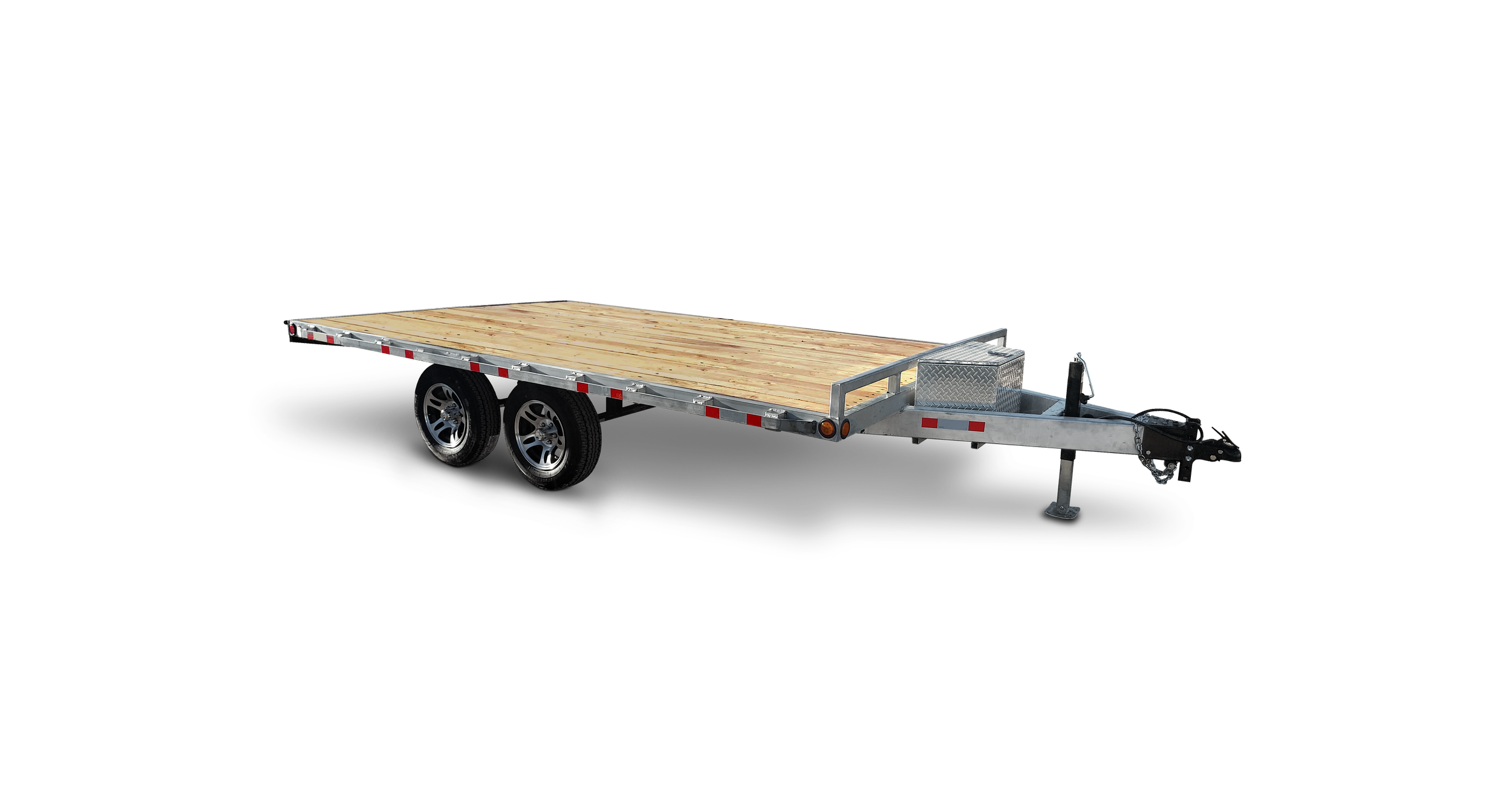 Empty flatbed utility trailer with dual axles and a wood deck, attached to a hitch for towing.