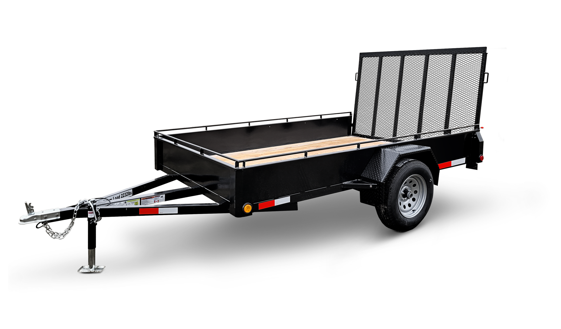 Black utility trailer with a wooden bed and a tall black metal ramp at the rear, connected to a hitch with a chain, set against a black background.