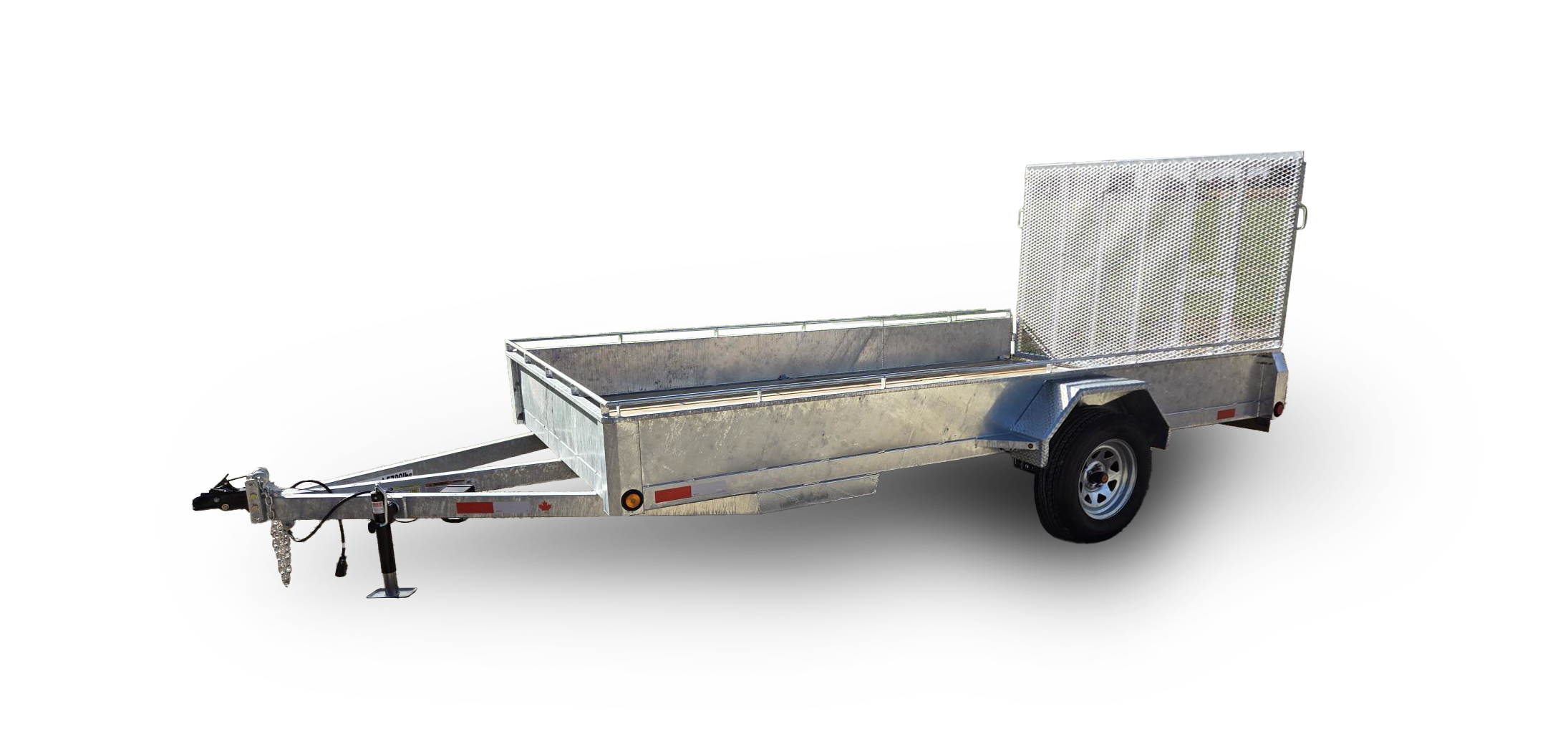 Metal cargo trailer with an open bed and a fold-up rear gate, attached to a tow hitch with a jack stand