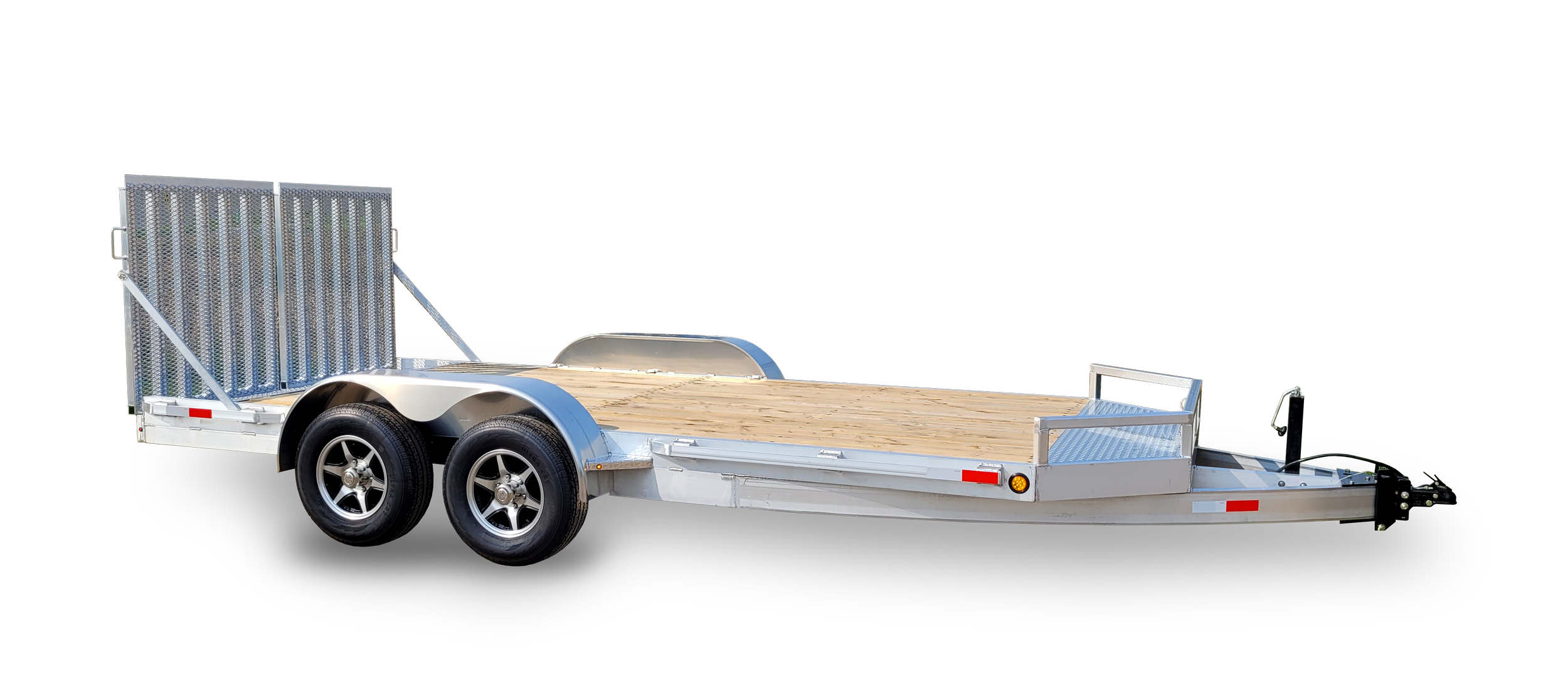 A flatbed trailer with a wooden deck, metal side rails, and two axles with black tires against a black background.