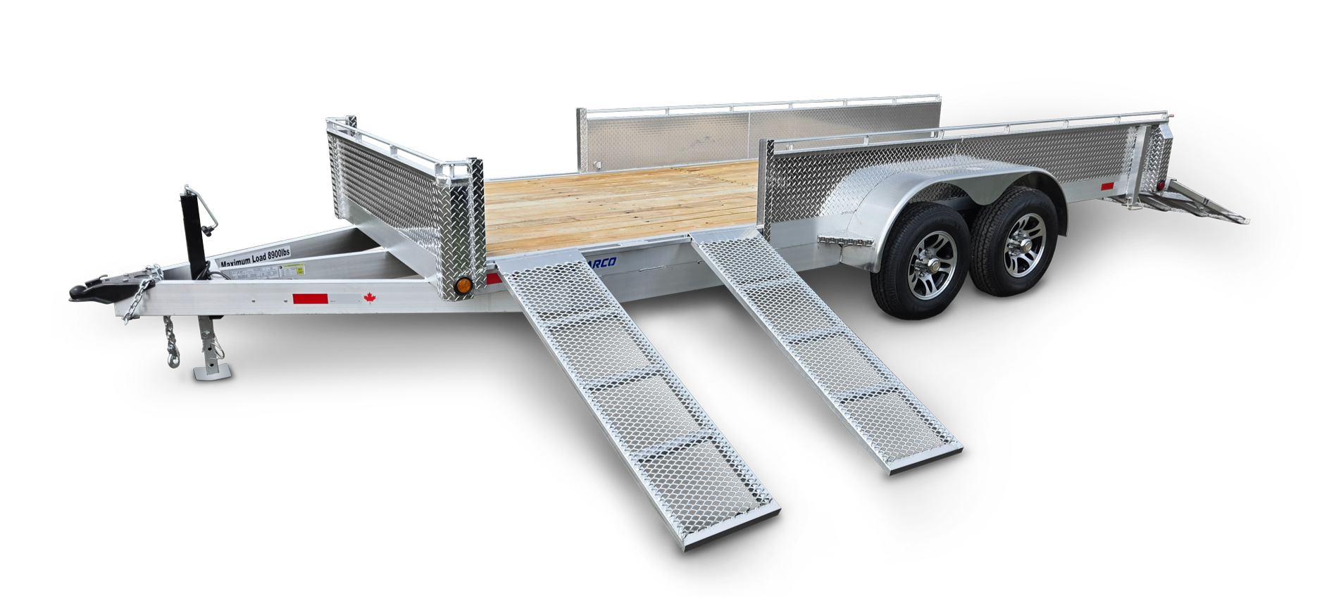 Silver utility trailer with wooden floor, dual ramps, and diamond plate side panels, set against a black background.