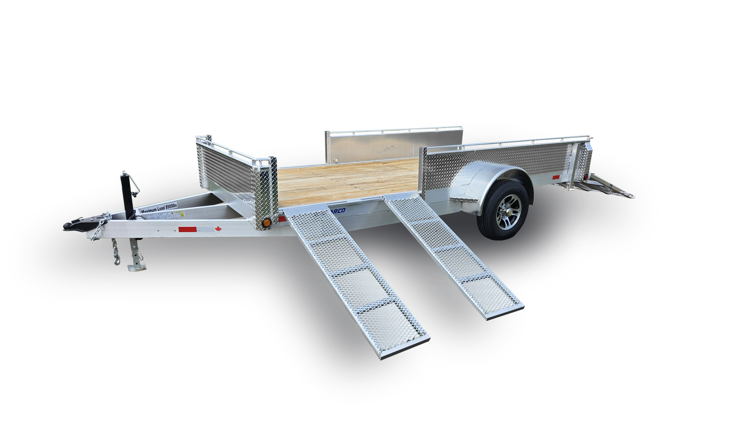A silver utility trailer with a wooden floor, two ramps, and mesh sides, isolated on a black background.