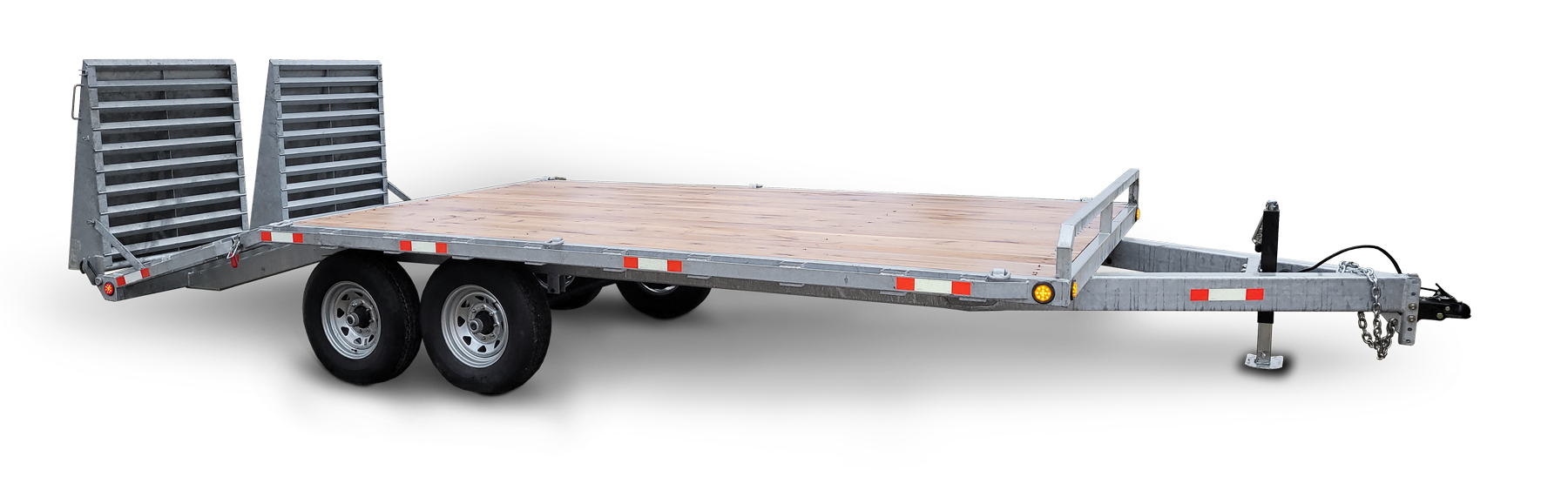 A flatbed utility trailer with metal sides and a wooden deck, equipped with dual wheels and a hitch for towing.