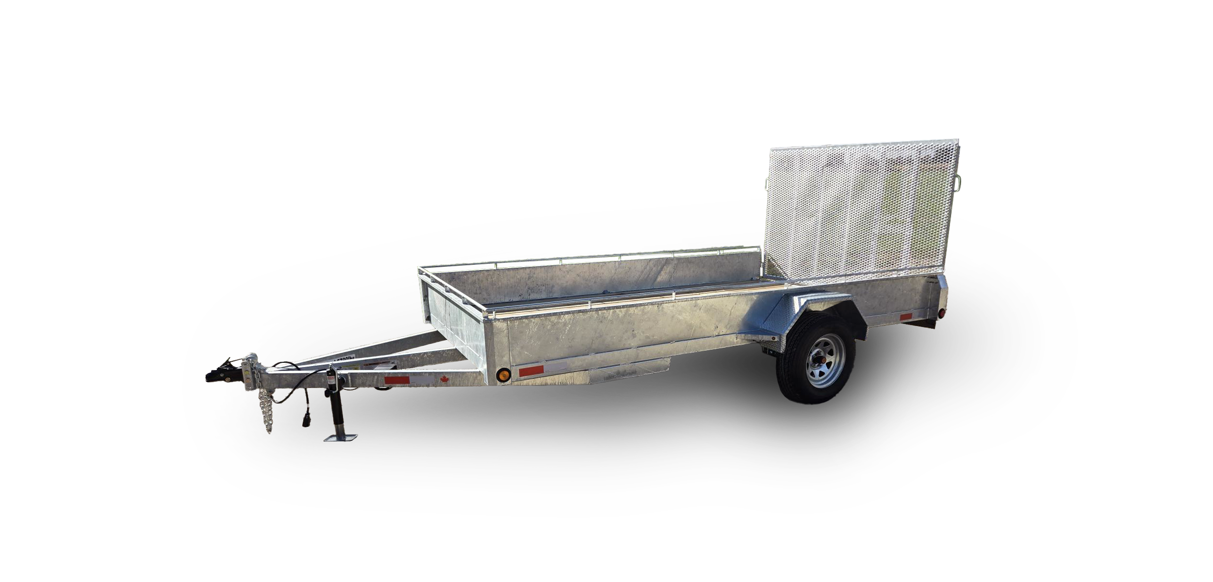 Metal utility trailer with an open cargo bed and a screened compartment, viewed from the front left side.