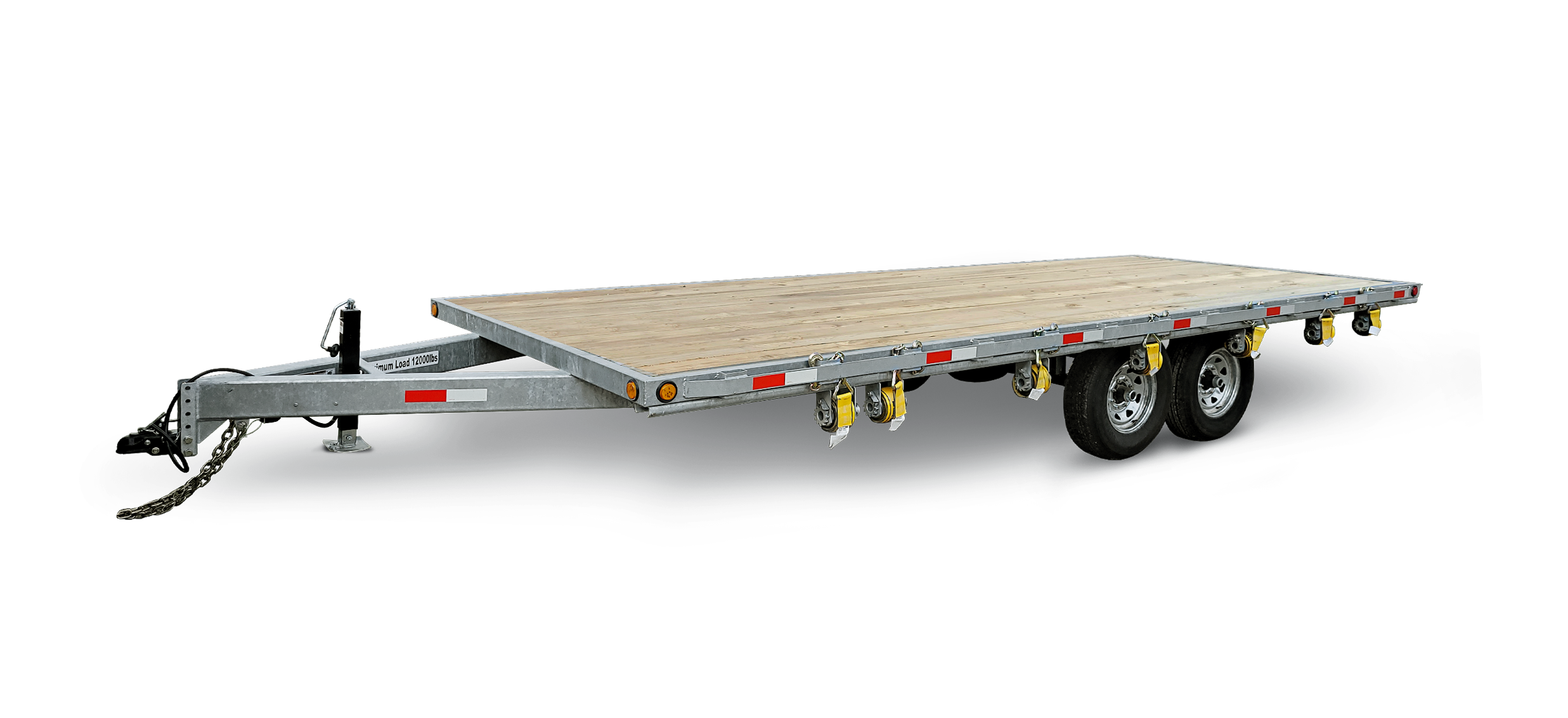 Flatbed trailer with wooden deck and dual axles, heavy-duty metal construction, and safety reflectors, positioned on a black background.