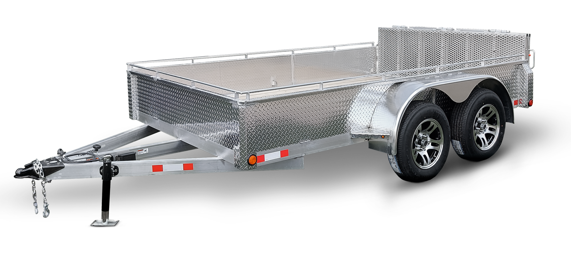 Silver enclosed utility trailer with dual axles, diamond plate exterior, and front hitch for attaching to a vehicle.