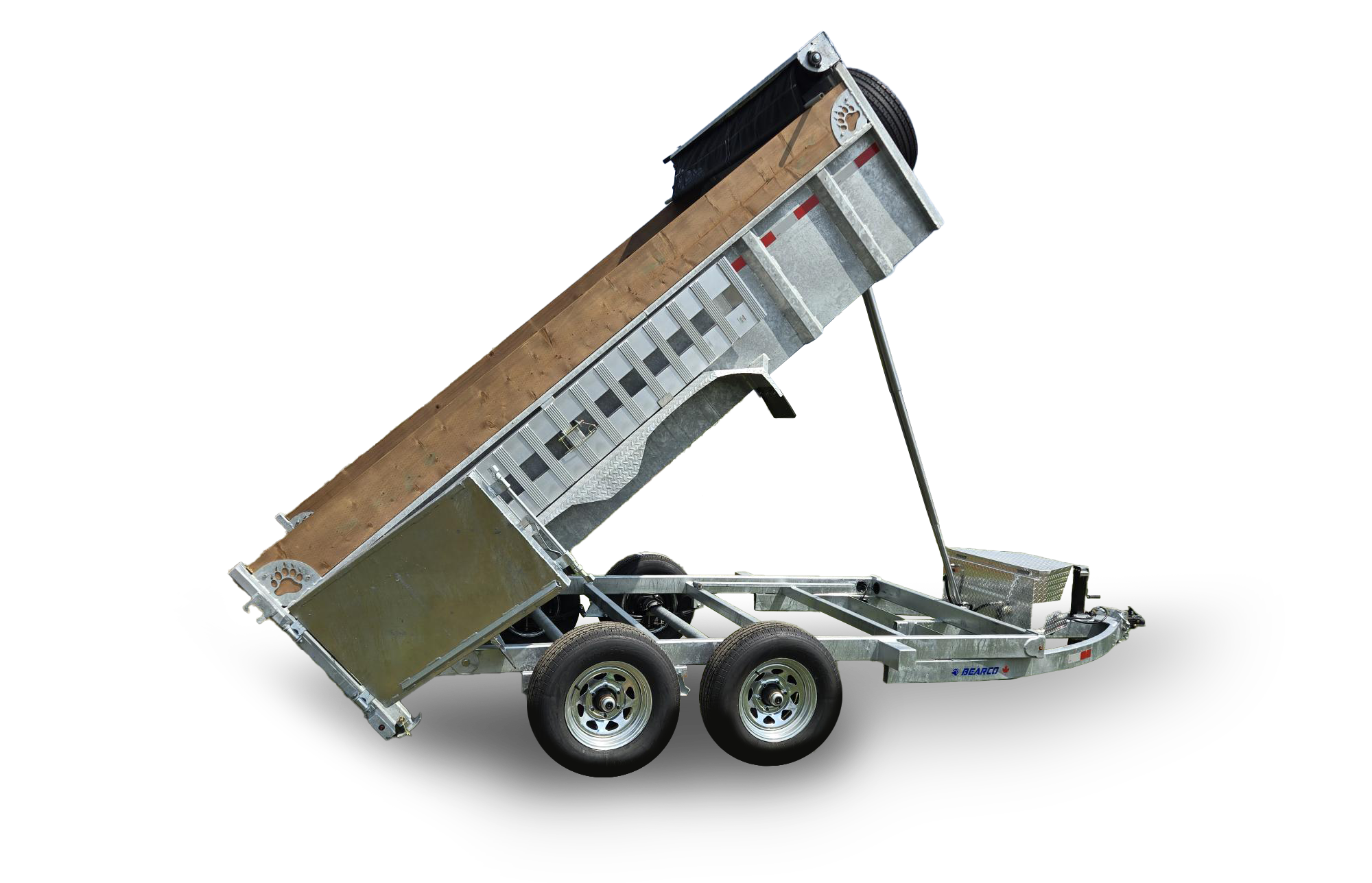 Trailer with an adjustable bed or ramp, metal frame, two wheels, and a hydraulic or pneumatic system for raising and lowering