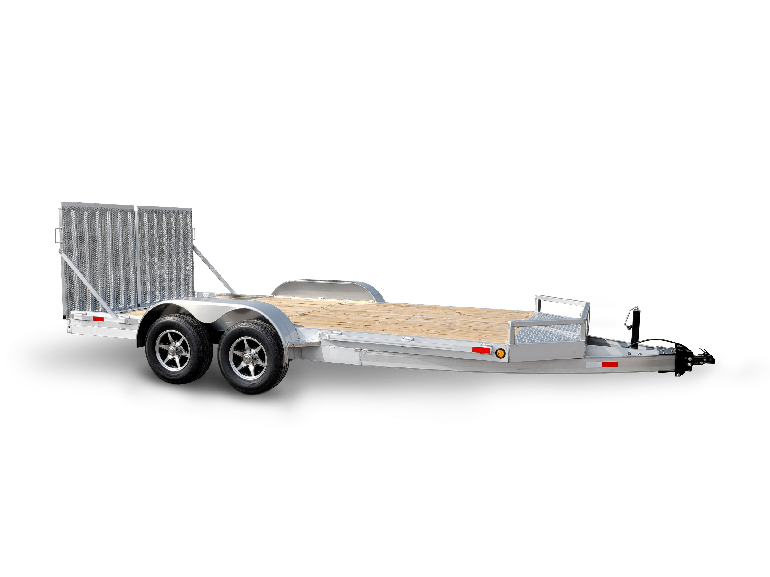 Steel flatbed trailer with dual axles, wood floor, and metal side rails, on a black background.