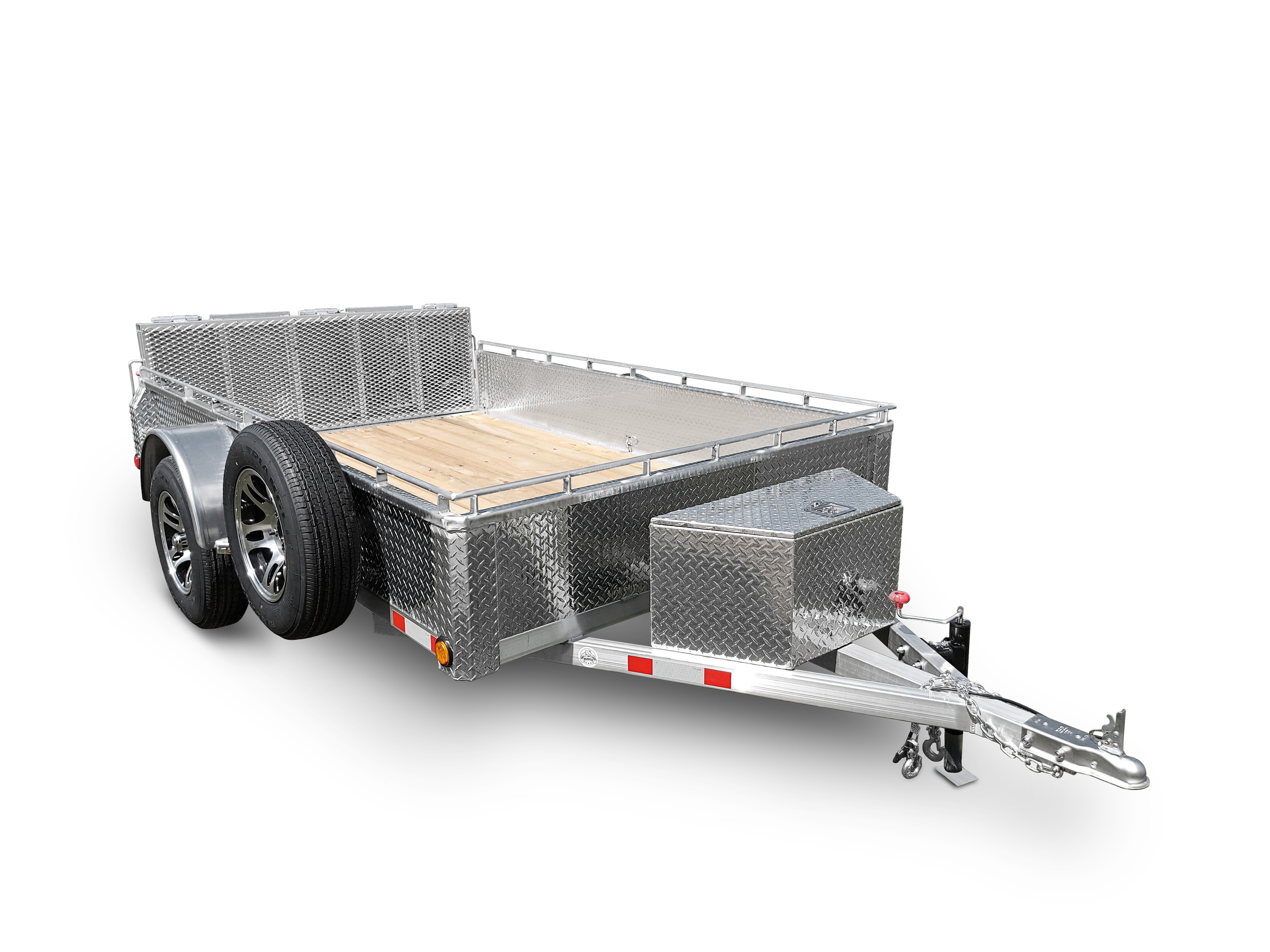 Silver open utility trailer with dual tires, diamond plate storage box, and wood floor, isolated on black.