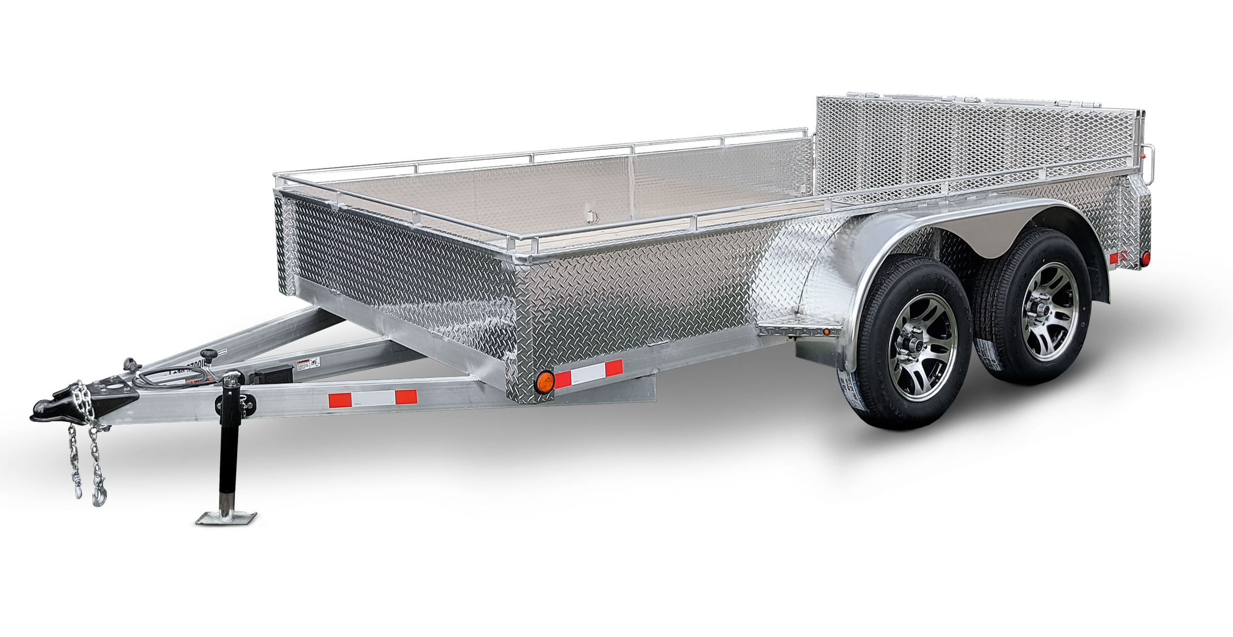 A silver aluminum utility trailer with dual axles and tires, featuring a flatbed with diamond plate sides and a hitch at the front for towing.