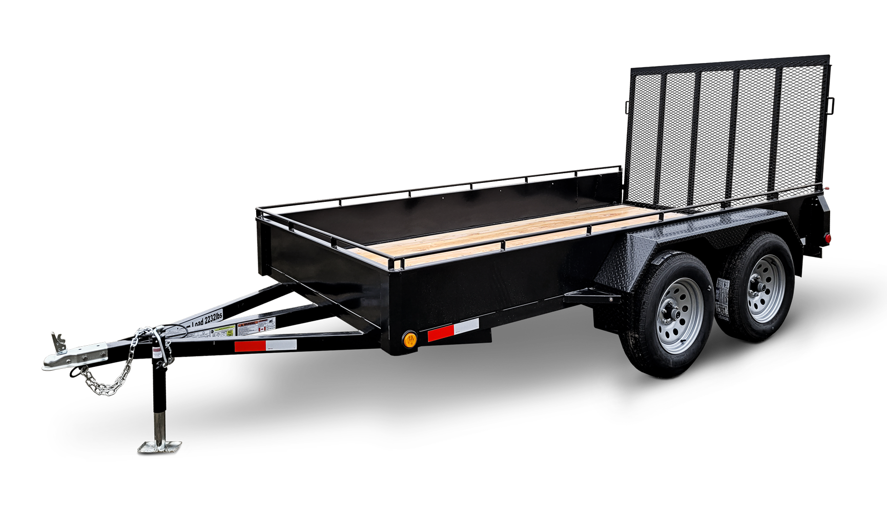Black utility trailer with two axles, wood floor, mesh rear gate, and hitch for towing.
