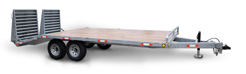 Flatbed utility trailer with dual wheels and foldable ramps.