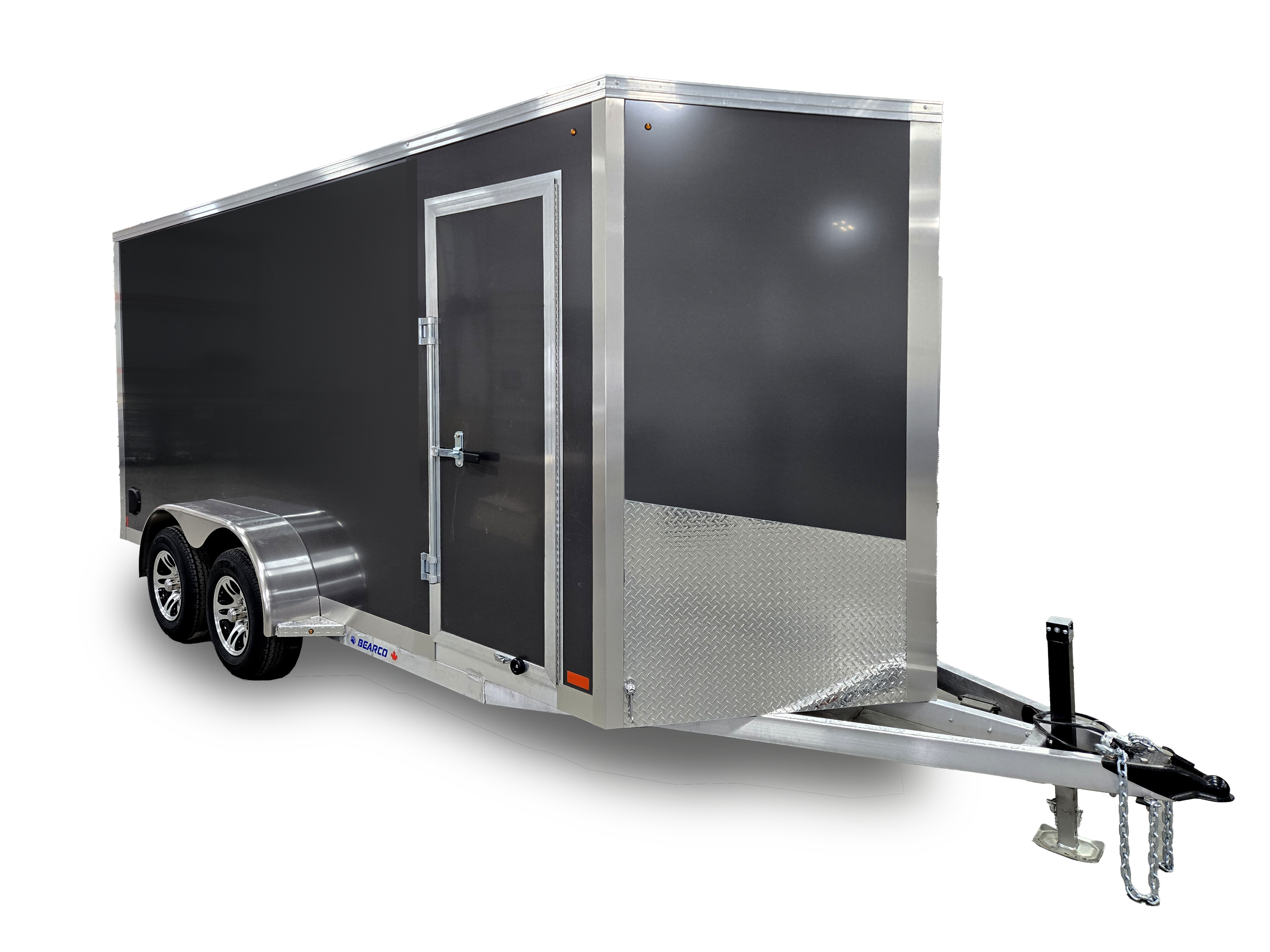 Black enclosed cargo trailer with silver trim and dual axles, parked on a white background.