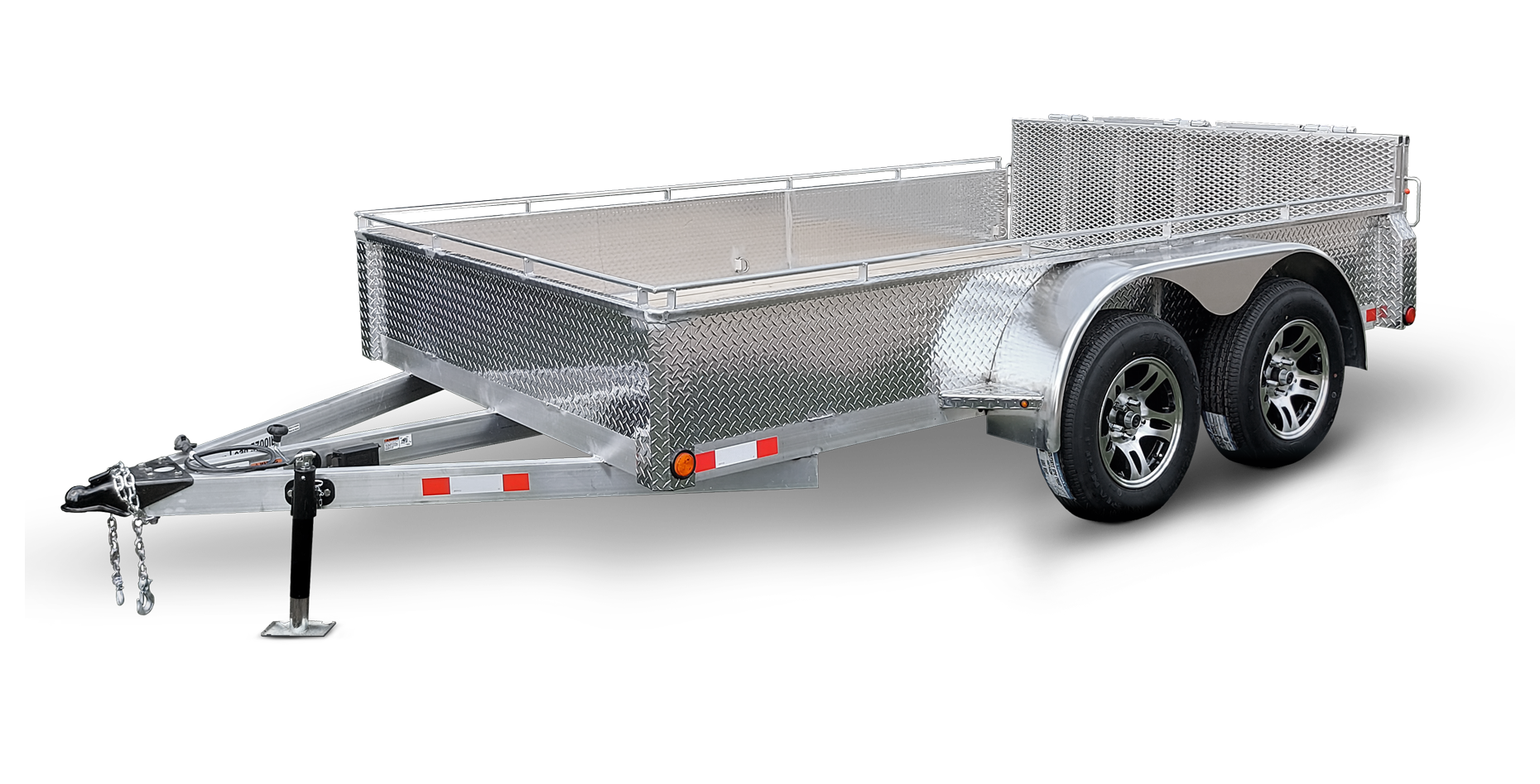 Silver utility trailer with dual axles and black tires, featuring diamond plate pattern on the sides and a metal railing around the bed, hitched with a towing chain and coupler.