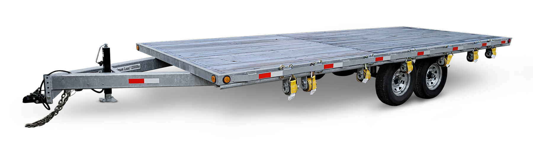 Empty flatbed trailer with two axles and metal construction.