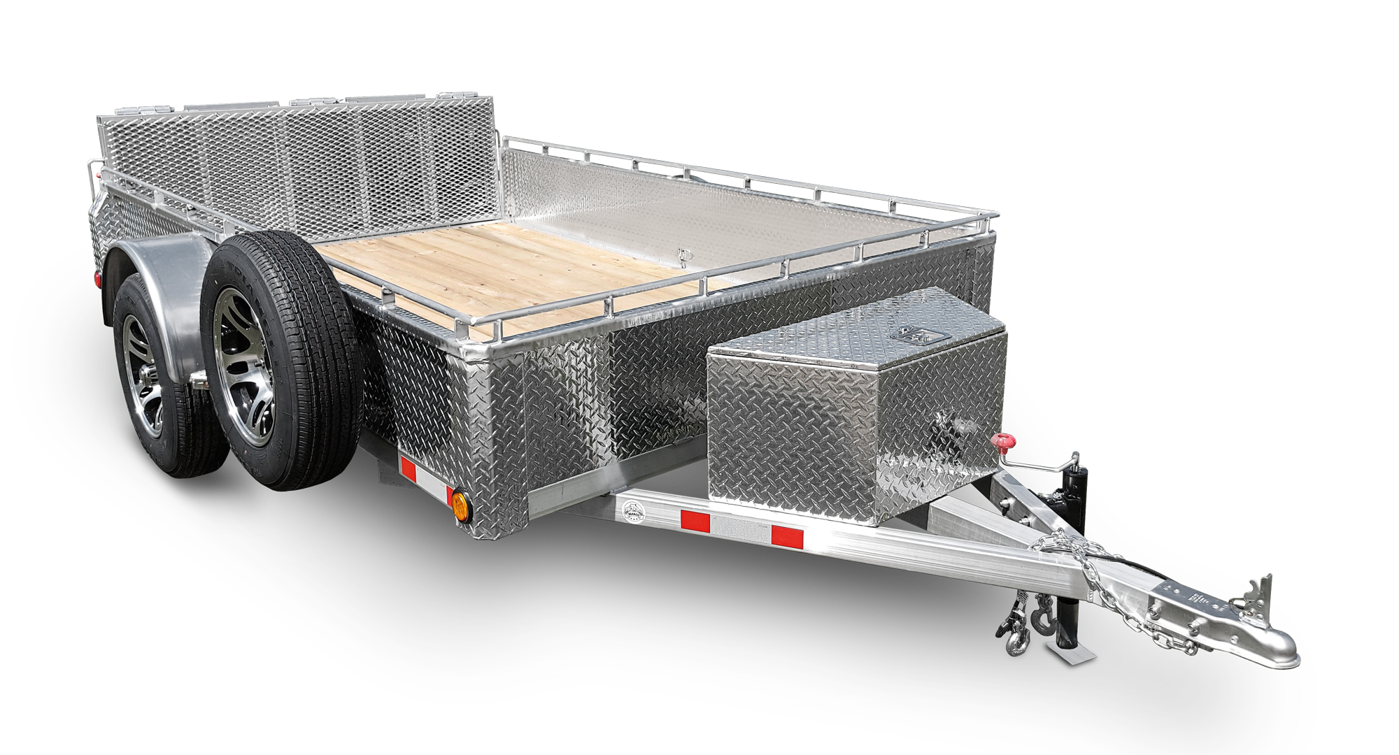 Silver utility trailer with a diamond plate storage box and wood floor, two tires, and chain hitch on black background.