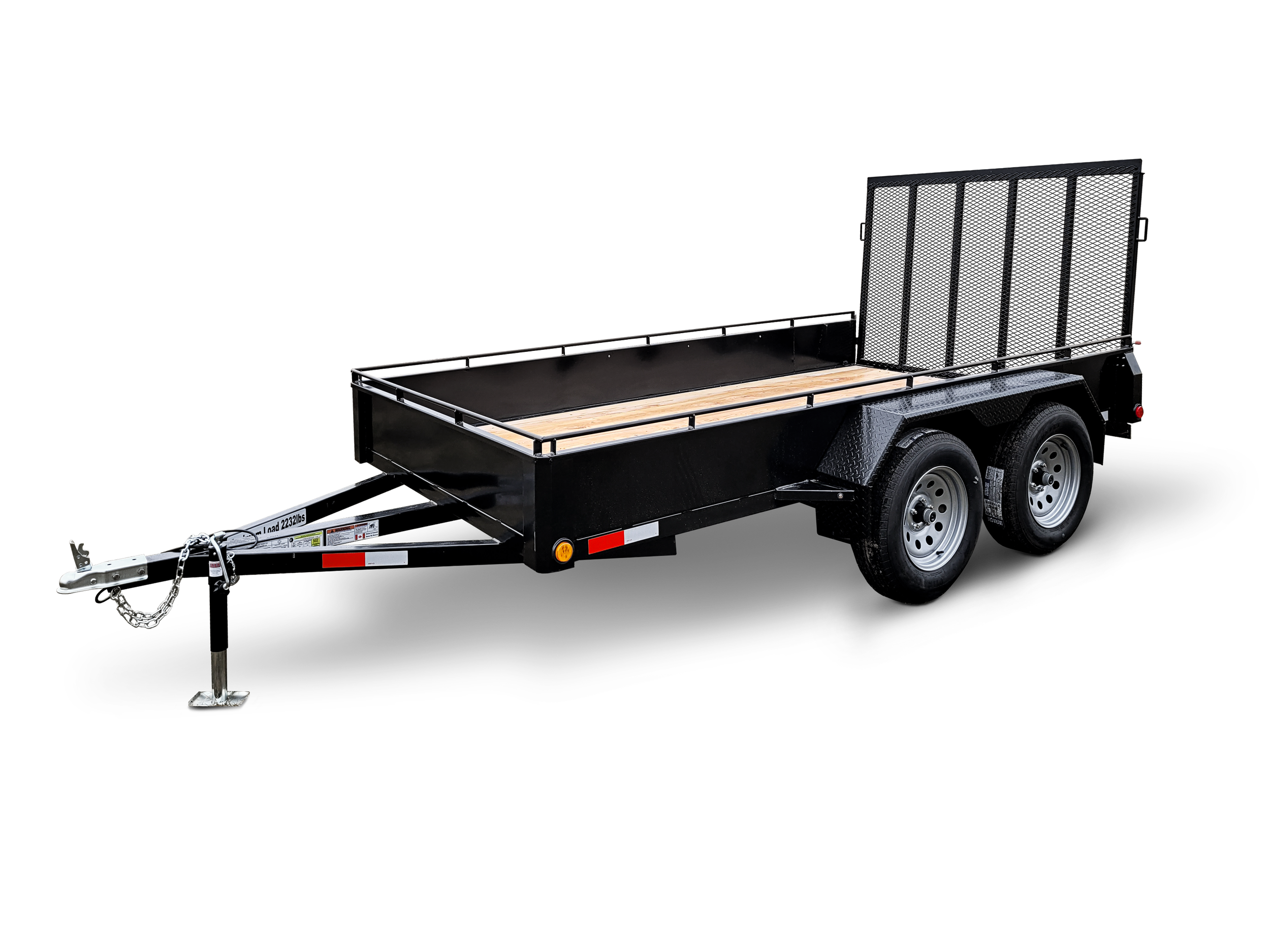 Black utility trailer with a wooden bed, dual axles, and a foldable metal ramp at the back.