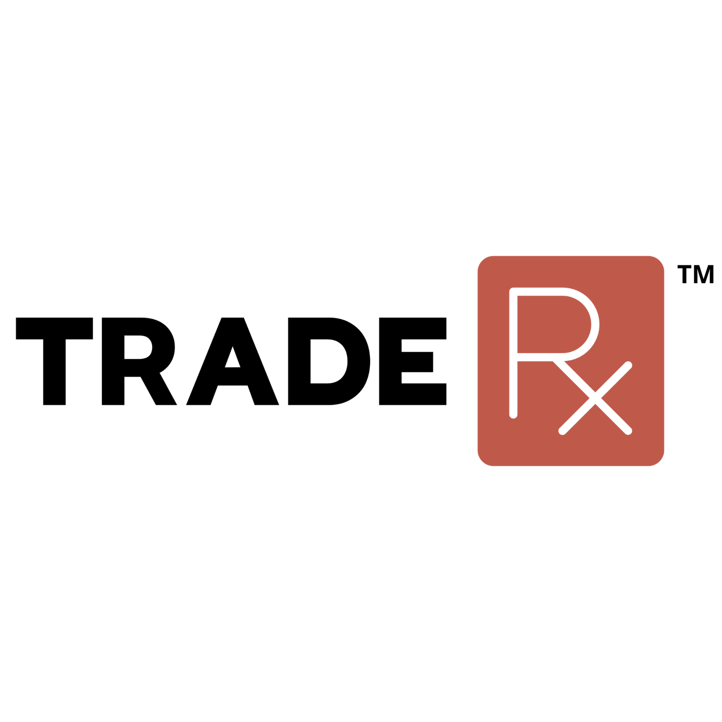 TradeRx logo featuring the word 'TRADE' in bold black letters and a reddish-brown square with a stylized white 'R' and a diagonal white 'X'.