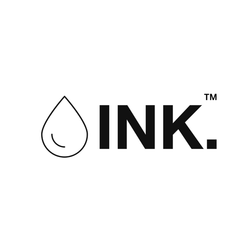 A black and white logo featuring a droplet of ink with a small curved line inside, next to the bold word "INK."