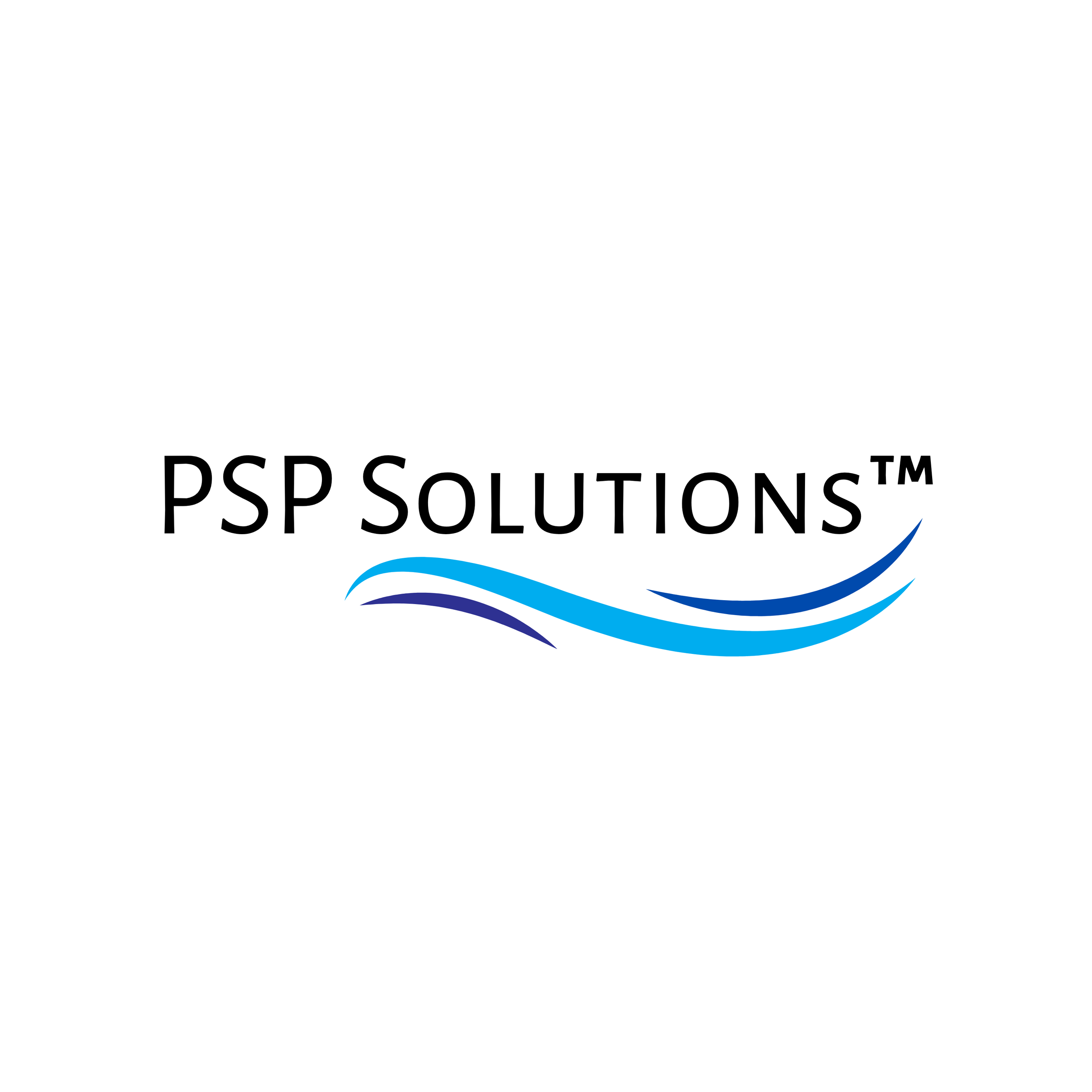 PSP Solutions logo with black text and blue wavy lines.