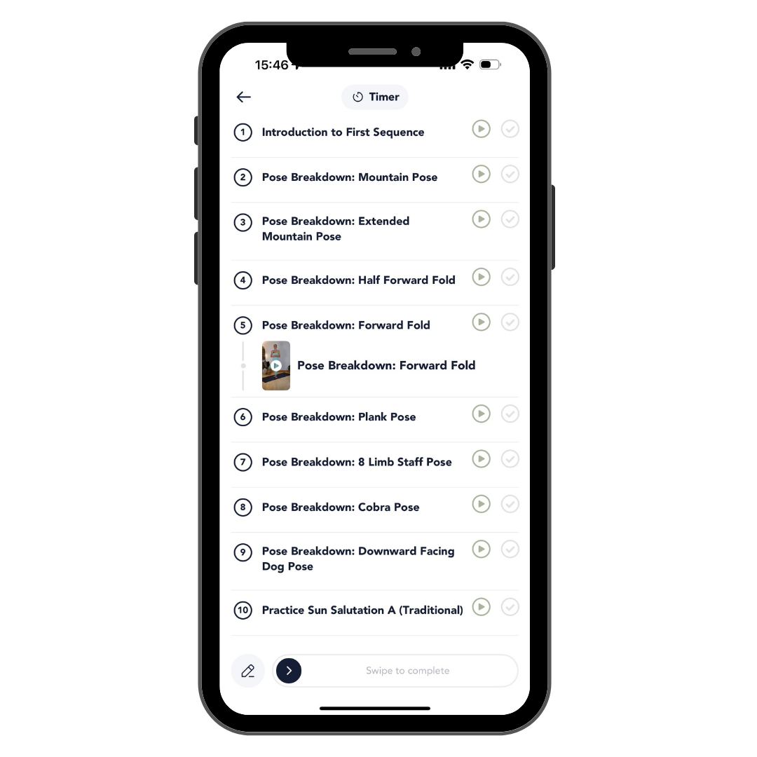 Smartphone showing the in-app list of yoga pose breakdowns in the online course Fundamentals To Flow by Andrijana Darkov