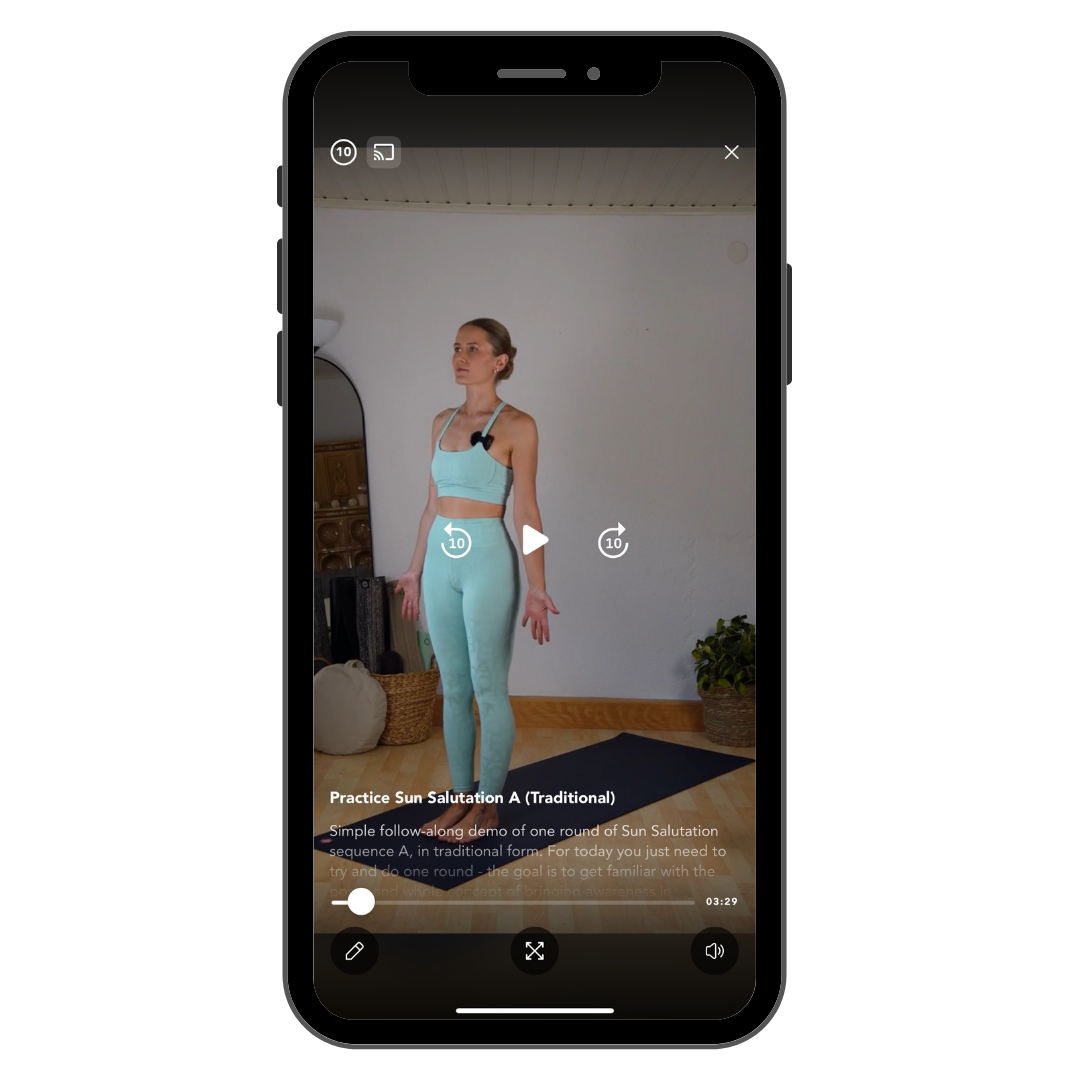 Smartphone showing yoga sequence demo video in Fundamentals To Flow course by Andrijana Darkov