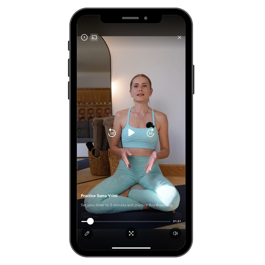 Smartphone showing breathwork demo video in Fundamentals To Flow course by Andrijana Darkov