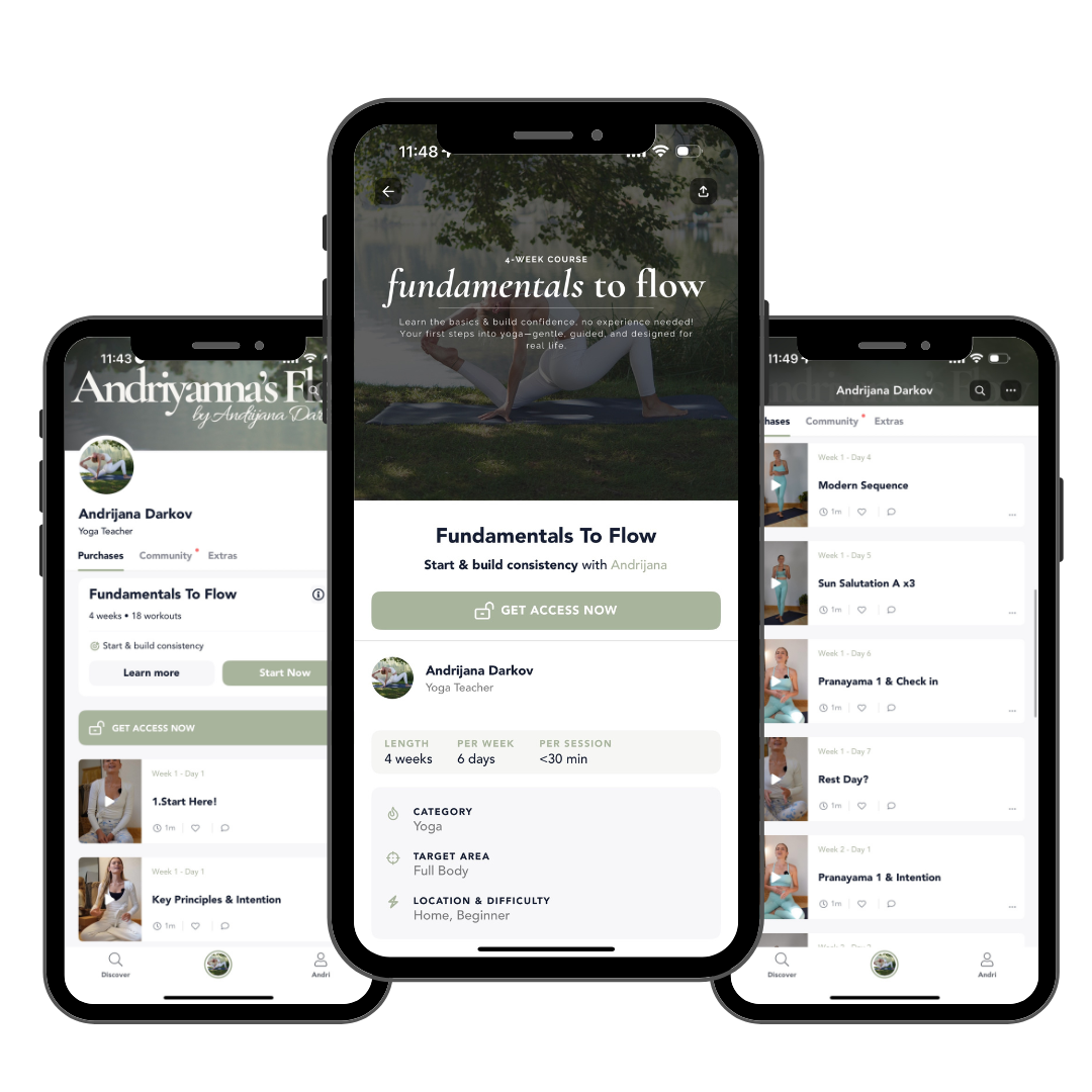 Smartphones showing app views of online yoga course Fundamentals to Flow by Andrijana Darkov