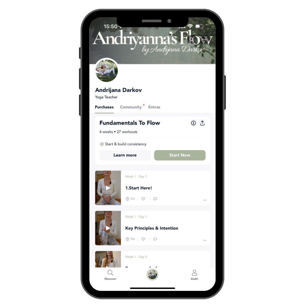 Smartphone showing the home page of the online yoga course Fundamentals To Flow by Andrijana Darkov