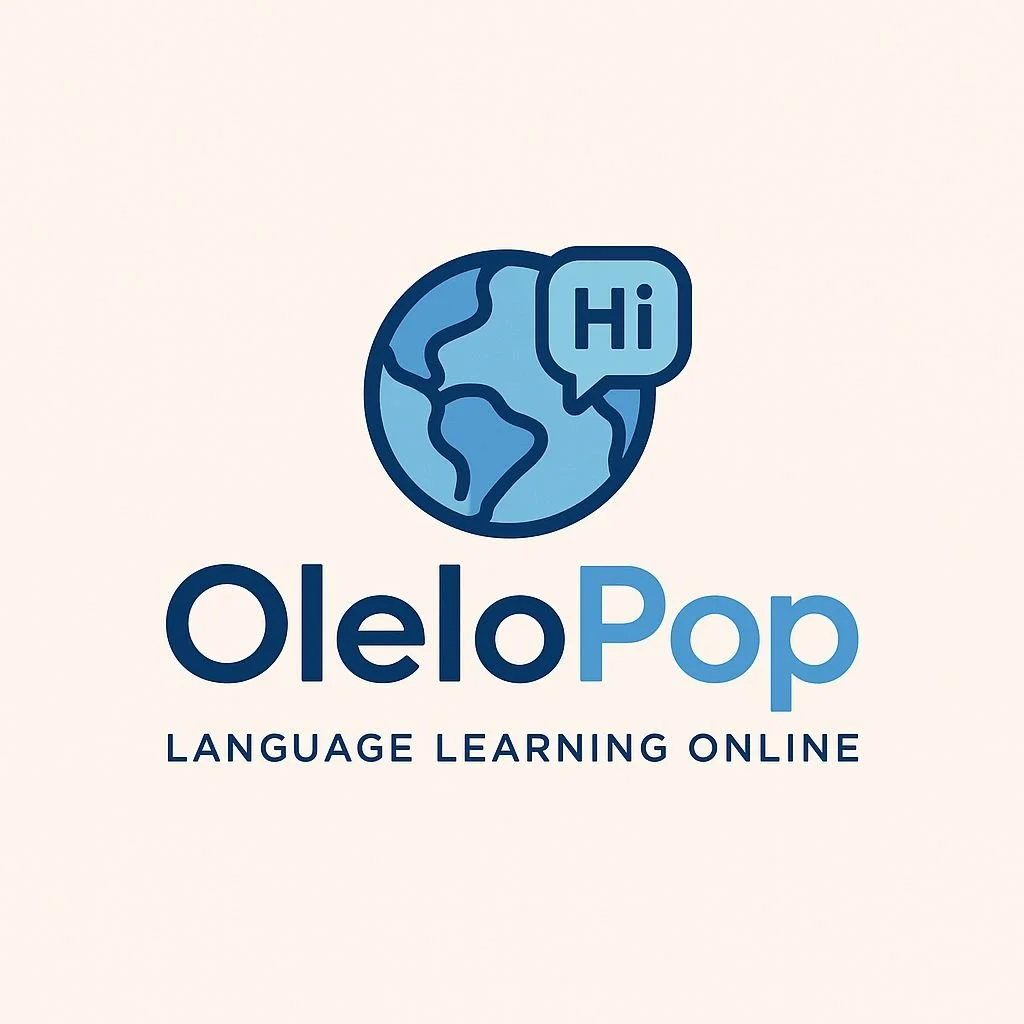 Logotipo de OleloPop, un globo terráqueo con un globo de diálogo que dice 'Hi', y texto que dice 'OleloPop' y 'Language Learning Online'.