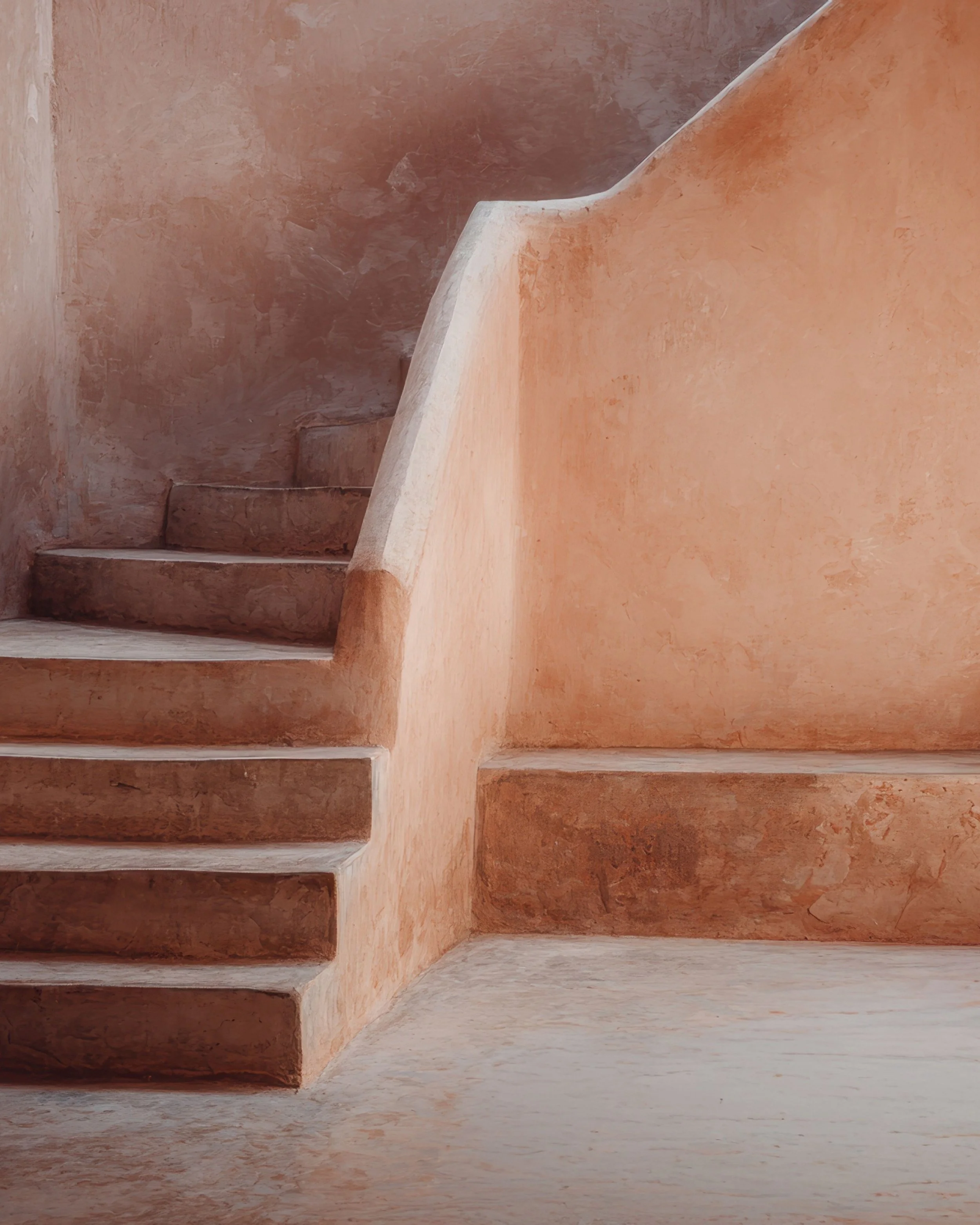 A staircase with terracotta-colored steps and walls, featuring rounded edges and a minimalist design.