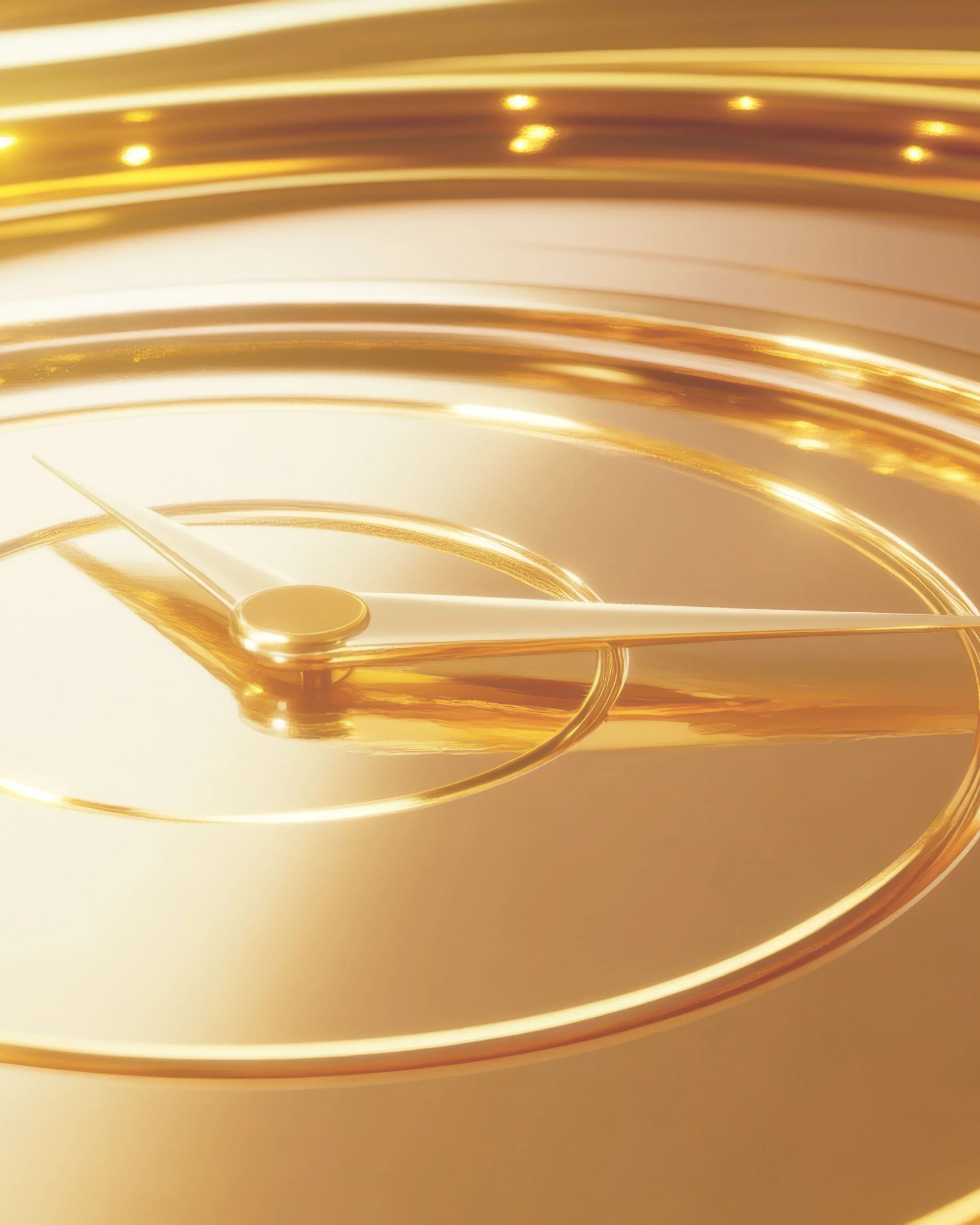 Close-up of a golden analog clock face with shiny hour and minute hands against a golden background.