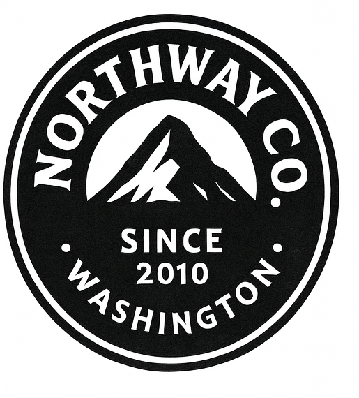 A black and white circular logo for Northway Co. in Washington, established in 2010, featuring a mountain illustration.