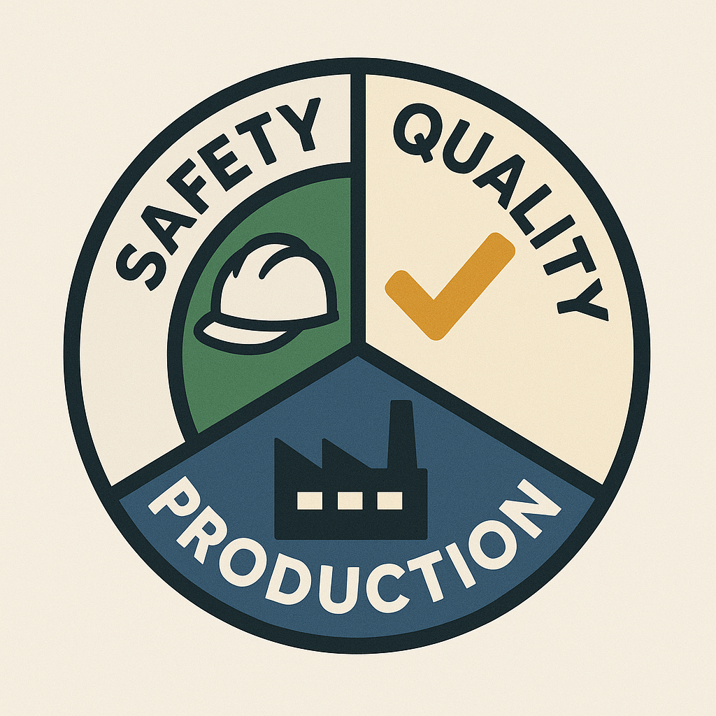 A circular graphic divided into three sections labeled Safety, Quality, and Production. Safety section features a white safety helmet on a green background; Quality section has a gold checkmark on a beige background; Production section displays a black factory silhouette on a blue background.