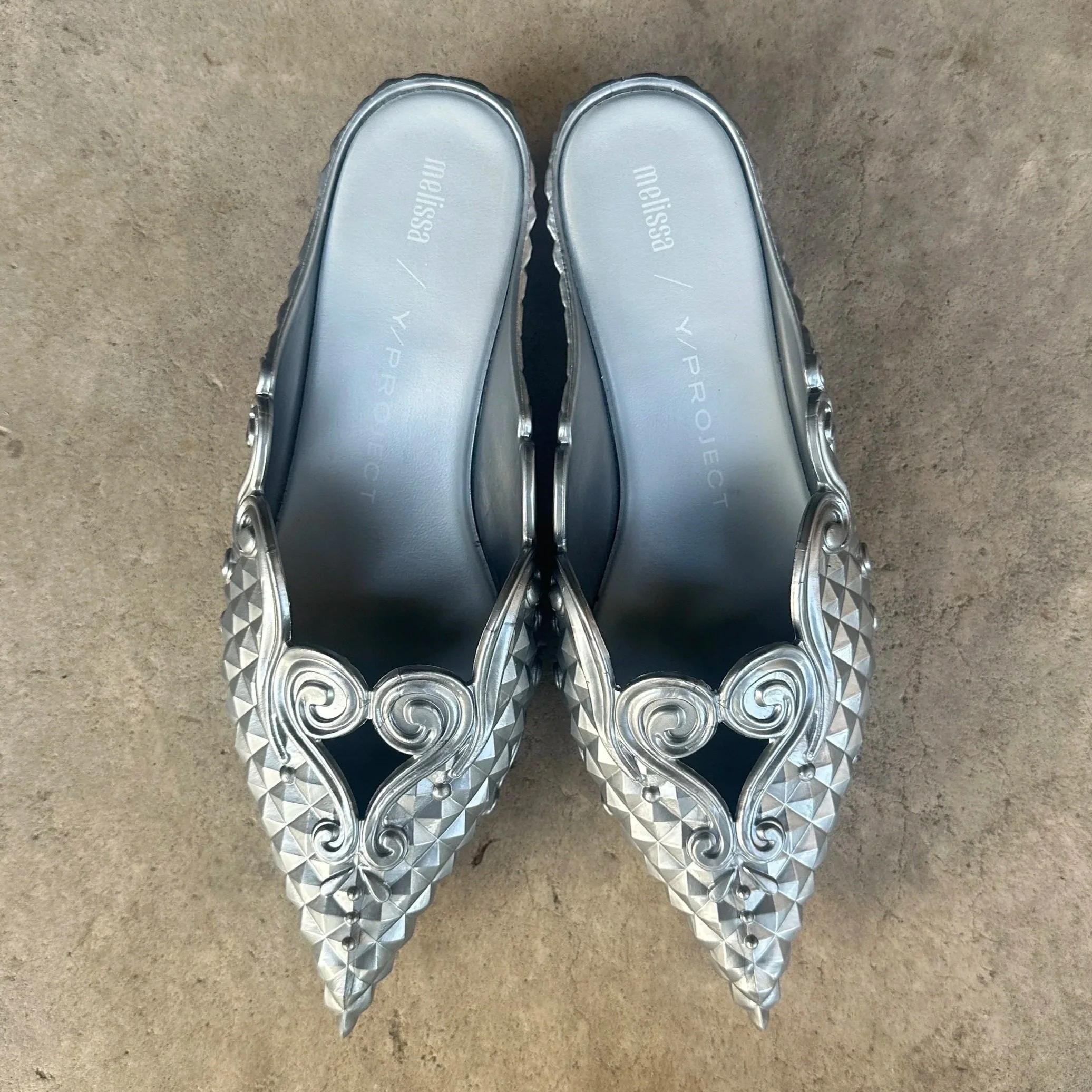 FW 21 Melissa x Y/Project Silver Sculptural Court Point Mules