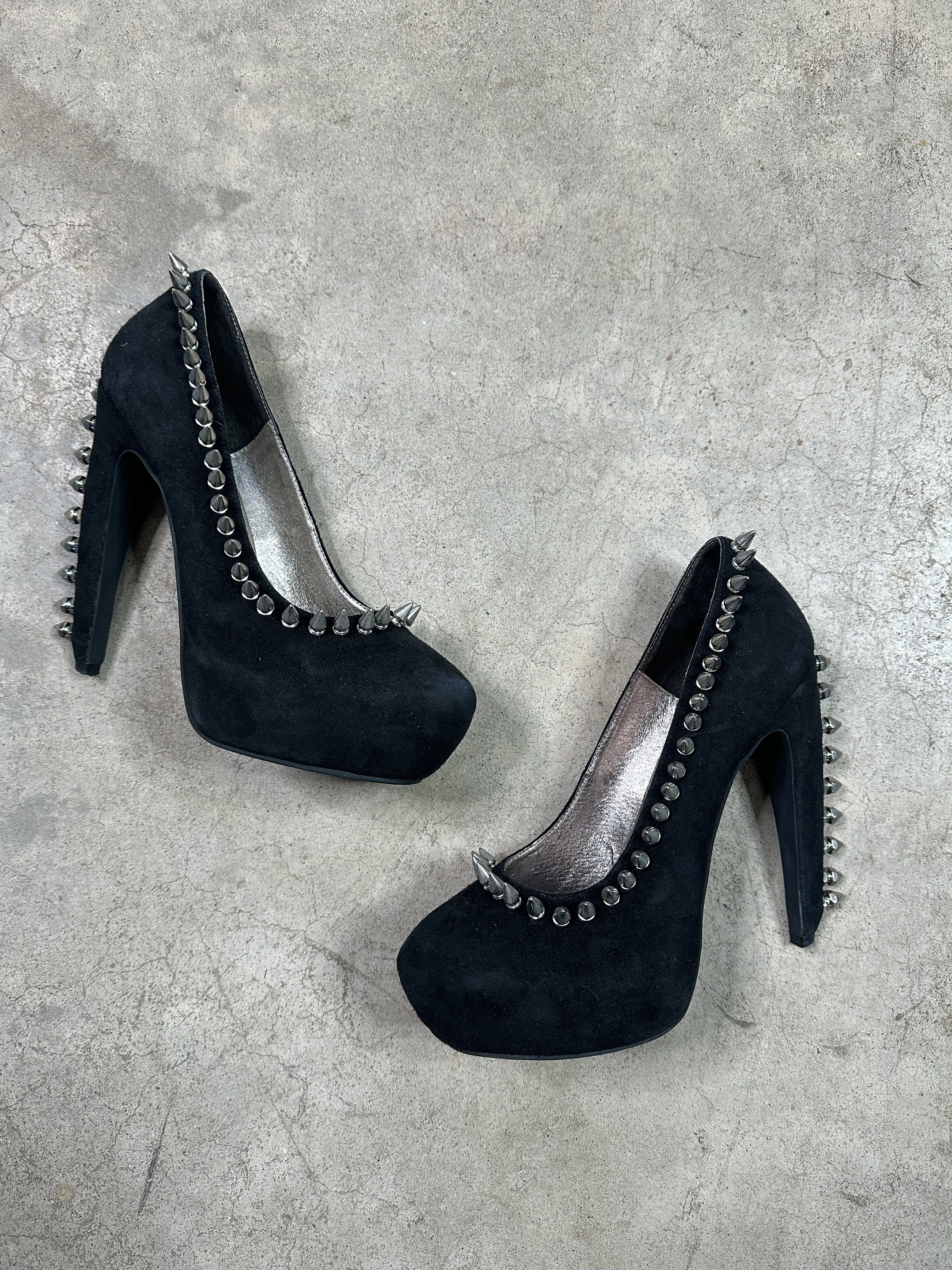 Early 2010s Jeffrey Campbell black velvet & silver spiked stiletto heels