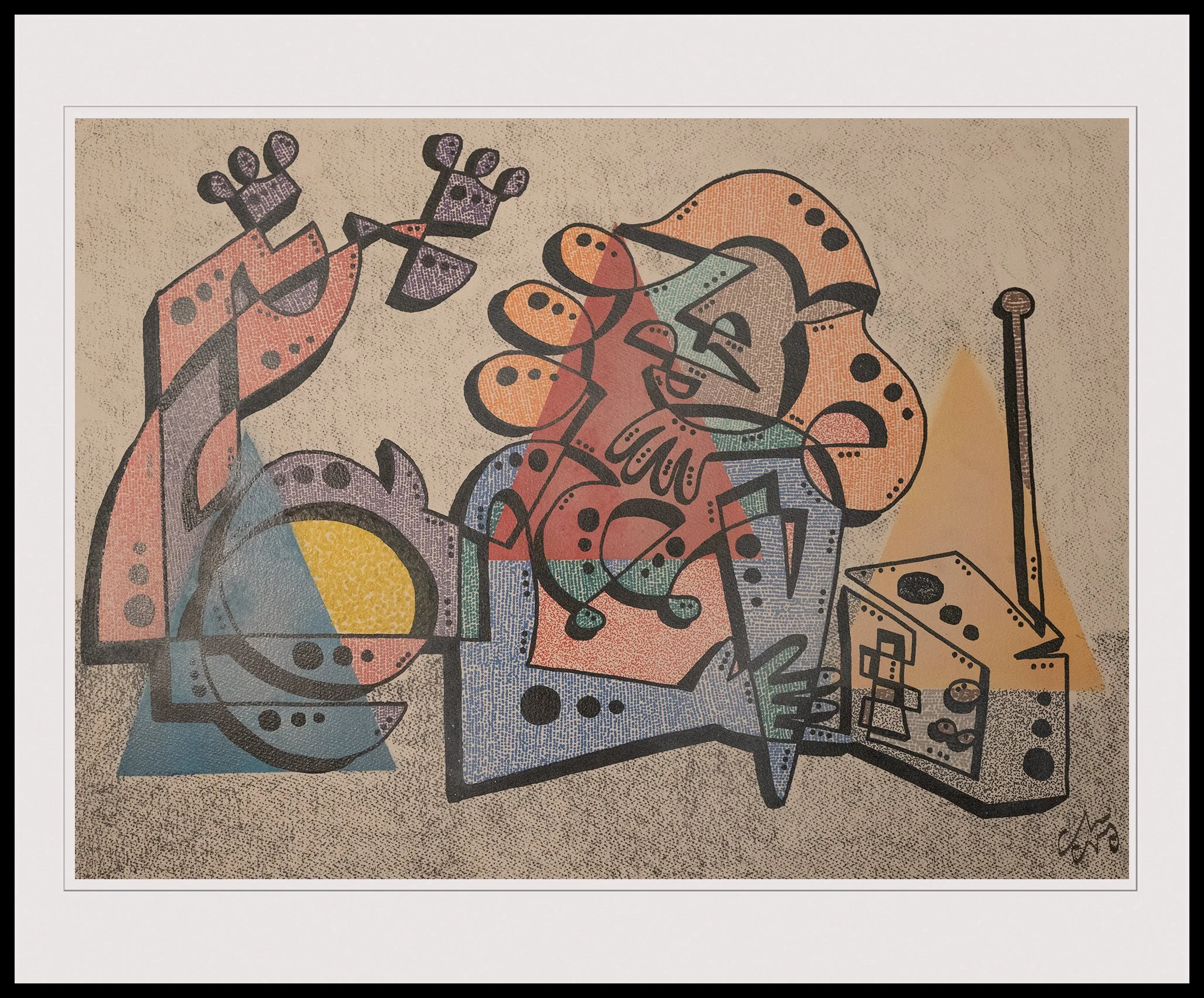 Cubist painting of a figure on floor listening to a radio by Canadian artist Chad Coombs