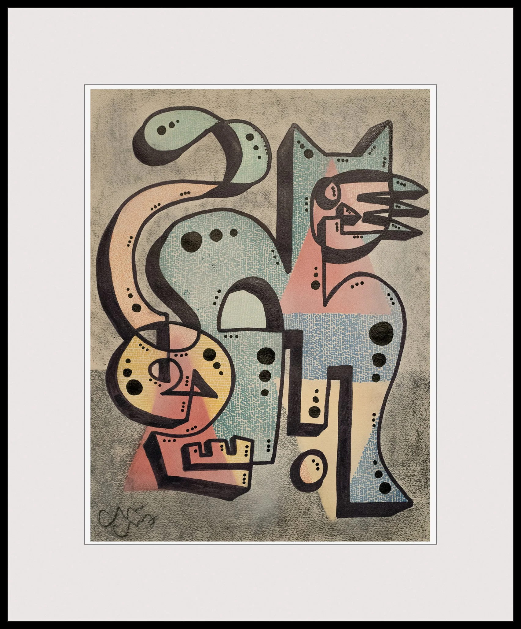 Abstract artwork of a cat with a skull by Saskatoon artist Chad Coombs. A variety of colours is used in an original formula.