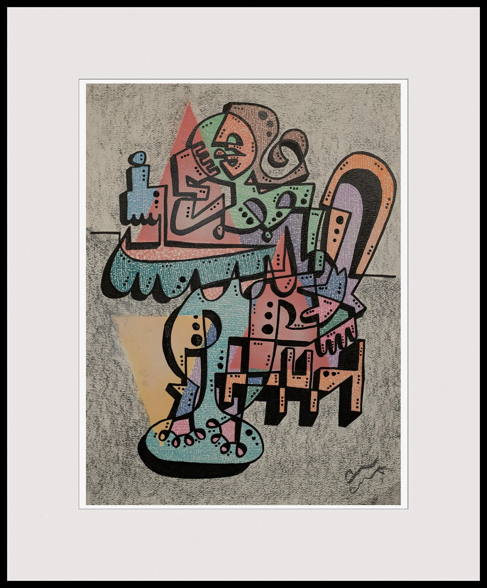 Painting portrait of a female at a table with a bottle by Canadian artist Chad Coombs using a single line and cubist style.