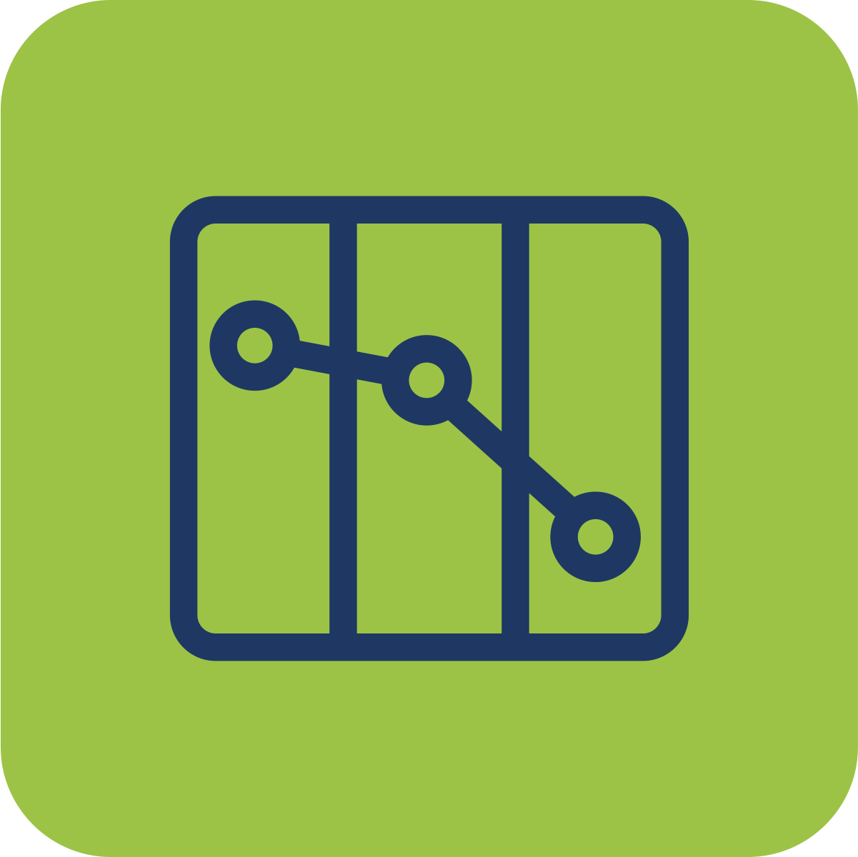 Icon of a bar chart with three bars and a line connecting three data points, on a green background.