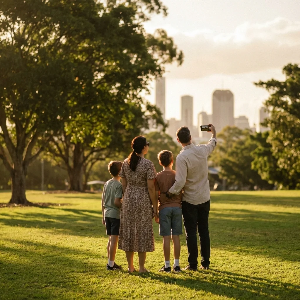 Family posing for photographs in the park to create memories