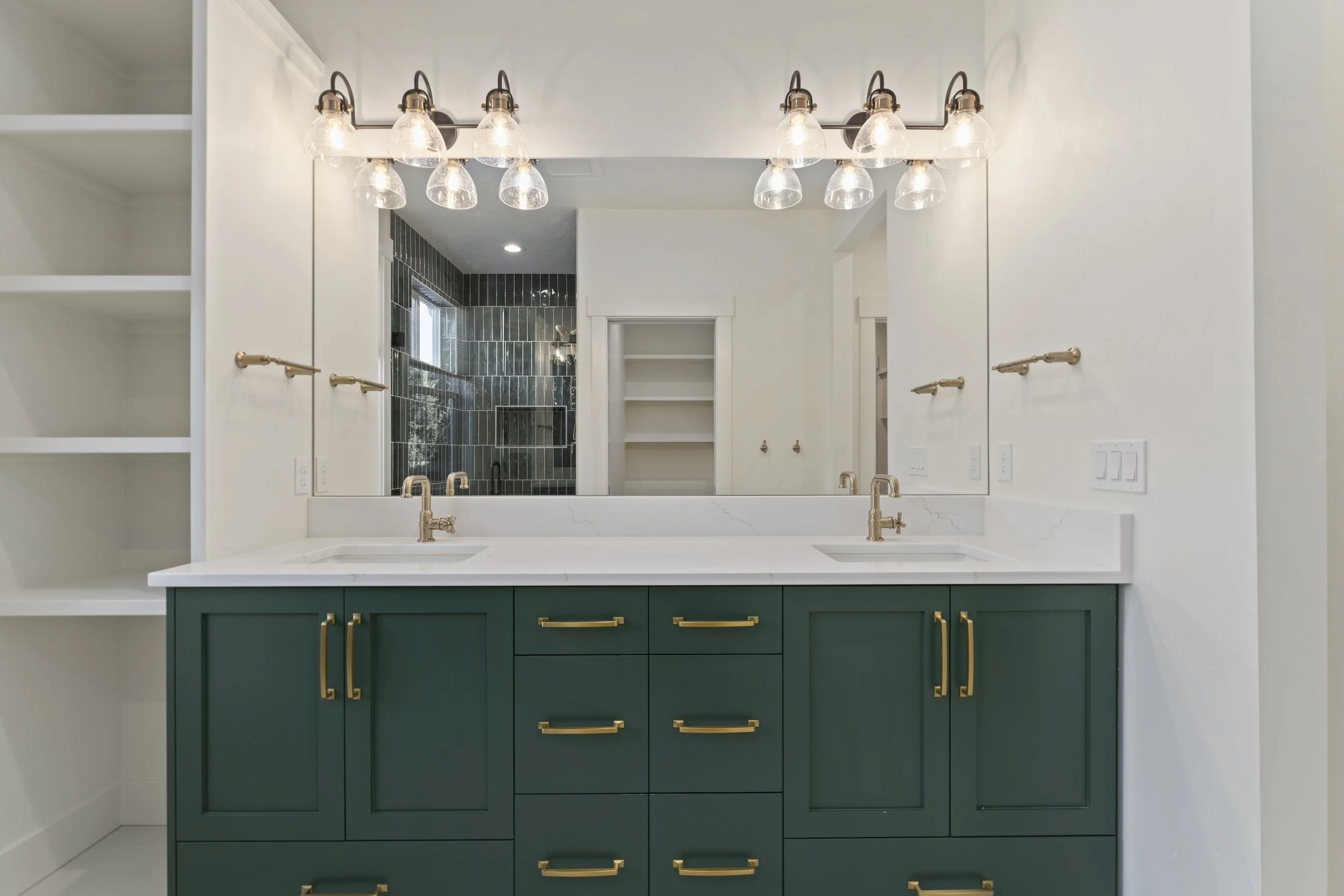 Modern farmhouse master bathroom Boise Idaho with double vanity wood accents and walk in shower